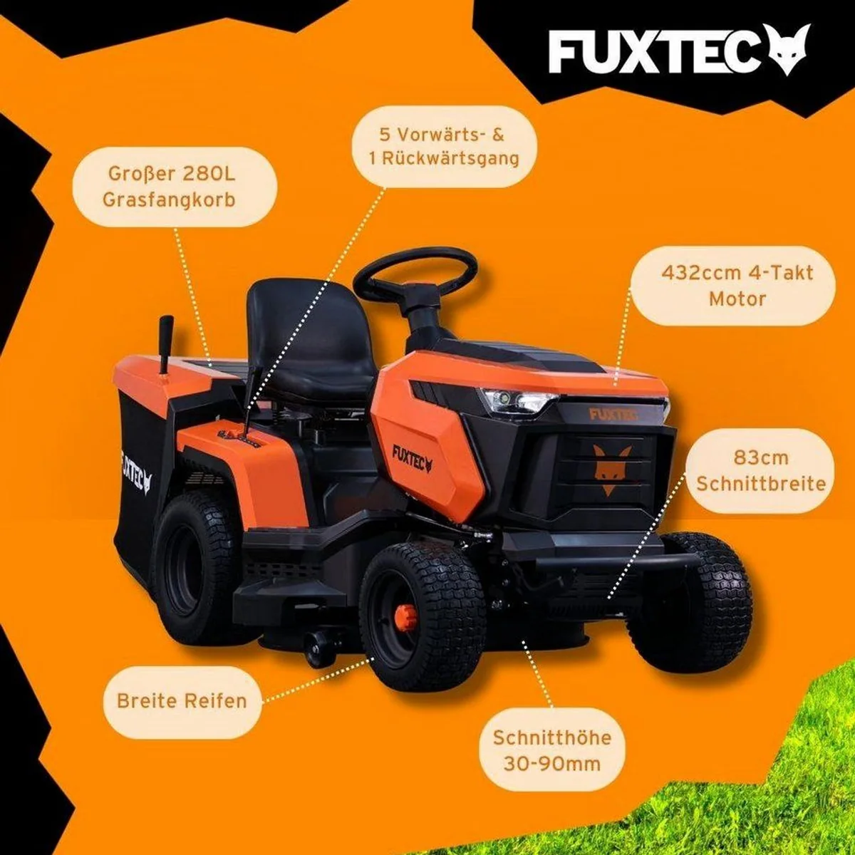 FUXTEC FX-RMT84M Rasentraktor, 83 cm Schnittbreite, 280L Fangkorb, 432ccm Hubraum 4