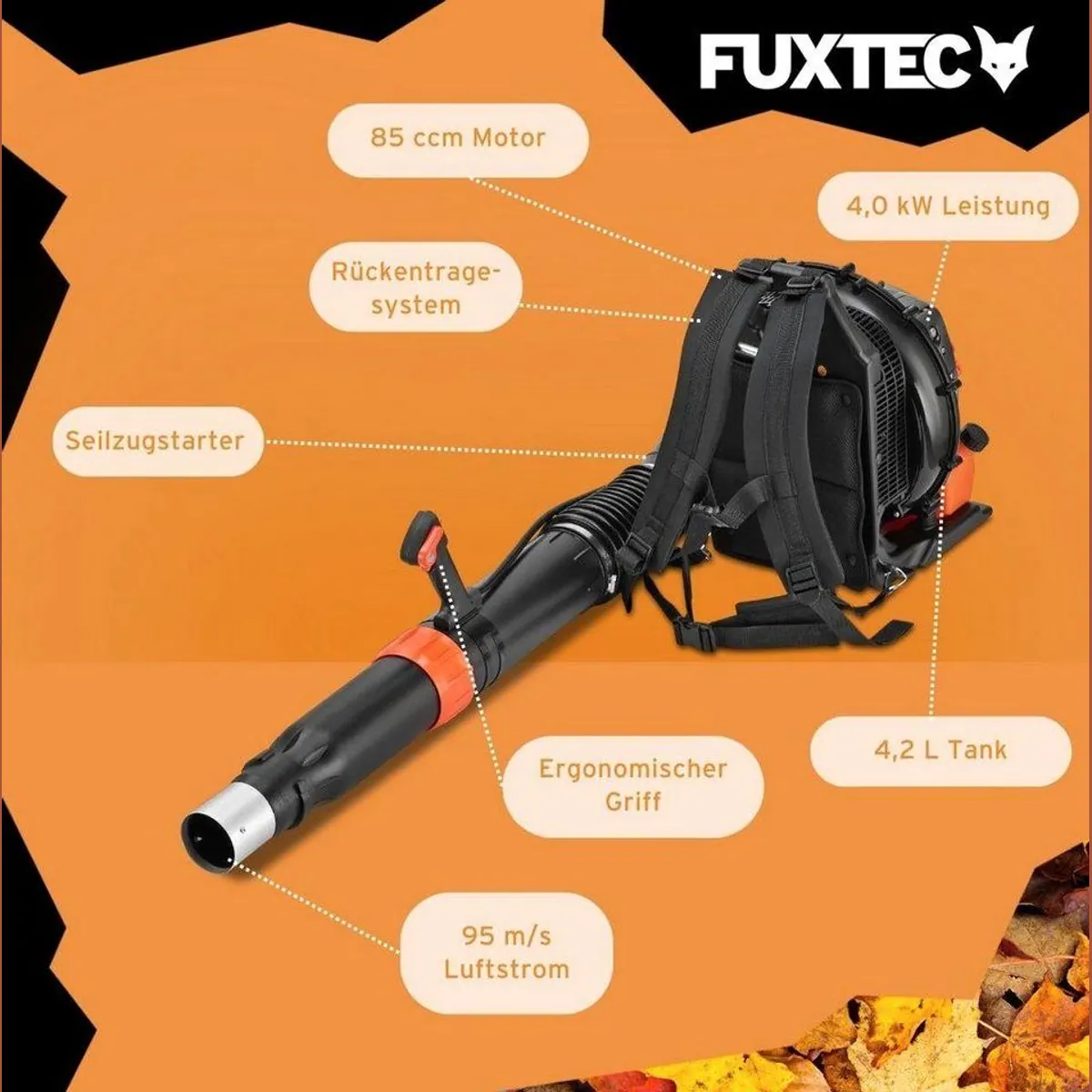 FUXTEC FX-LBP185TPRO Benzin-Laubbläser, 85 cm³, 95 m/s Luftgeschwindigkeit, rückentragbar 5