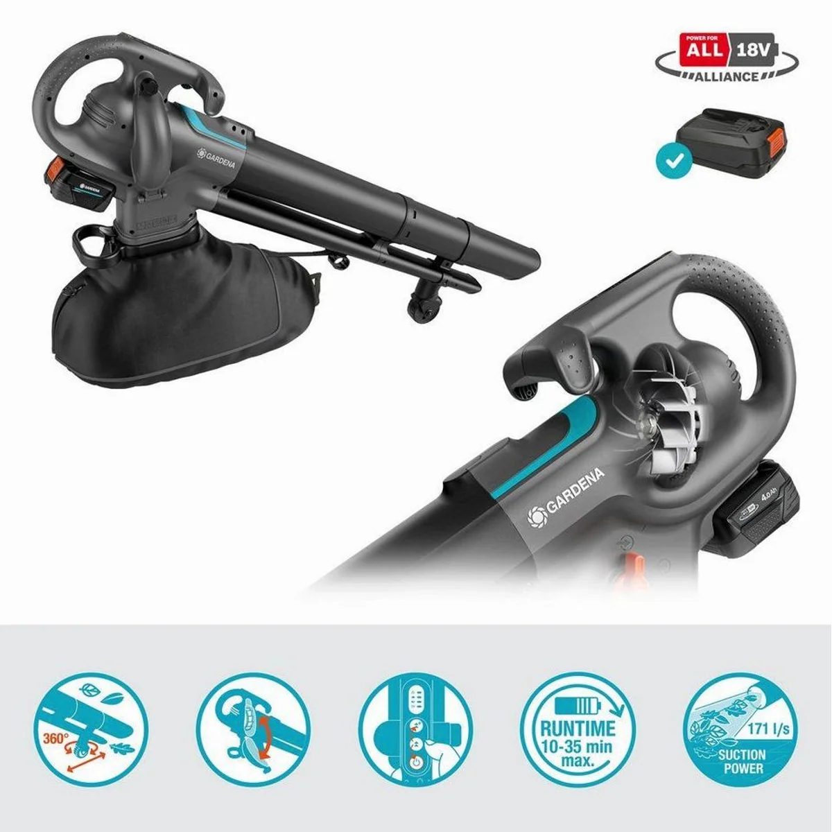 GARDENA PowerJetCollect 18V Akku-Laubsauger, starke Saugkraft, höhenverstellbares Rad 5