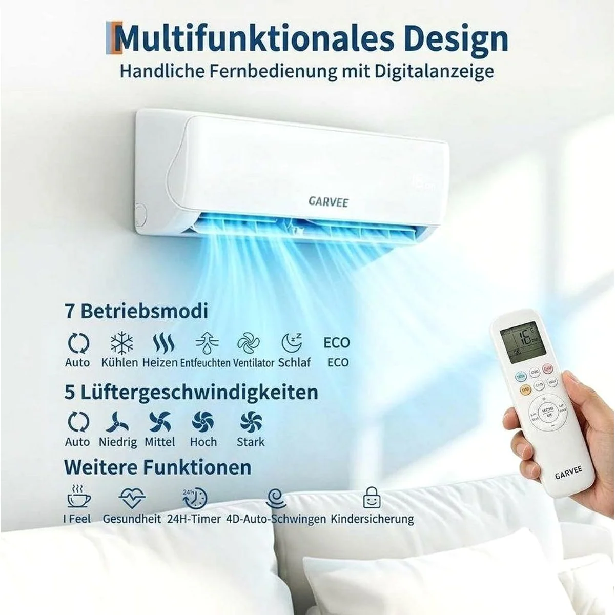 GarveeMore Split-Klimagerät 18000BTU, Leise Kühlung & Heizung, WLAN Steuerung 3