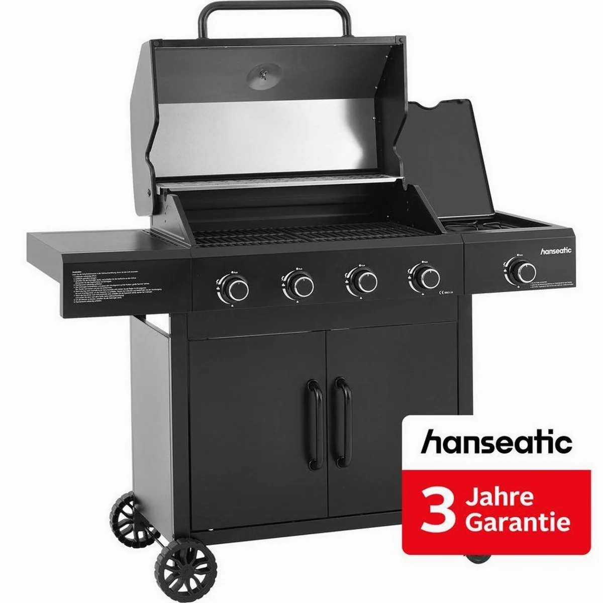 Hanseatic Rockford Black Gasgrill 4-Brenner, 14,5 kW Gesamtleistung, einfache Reinigung