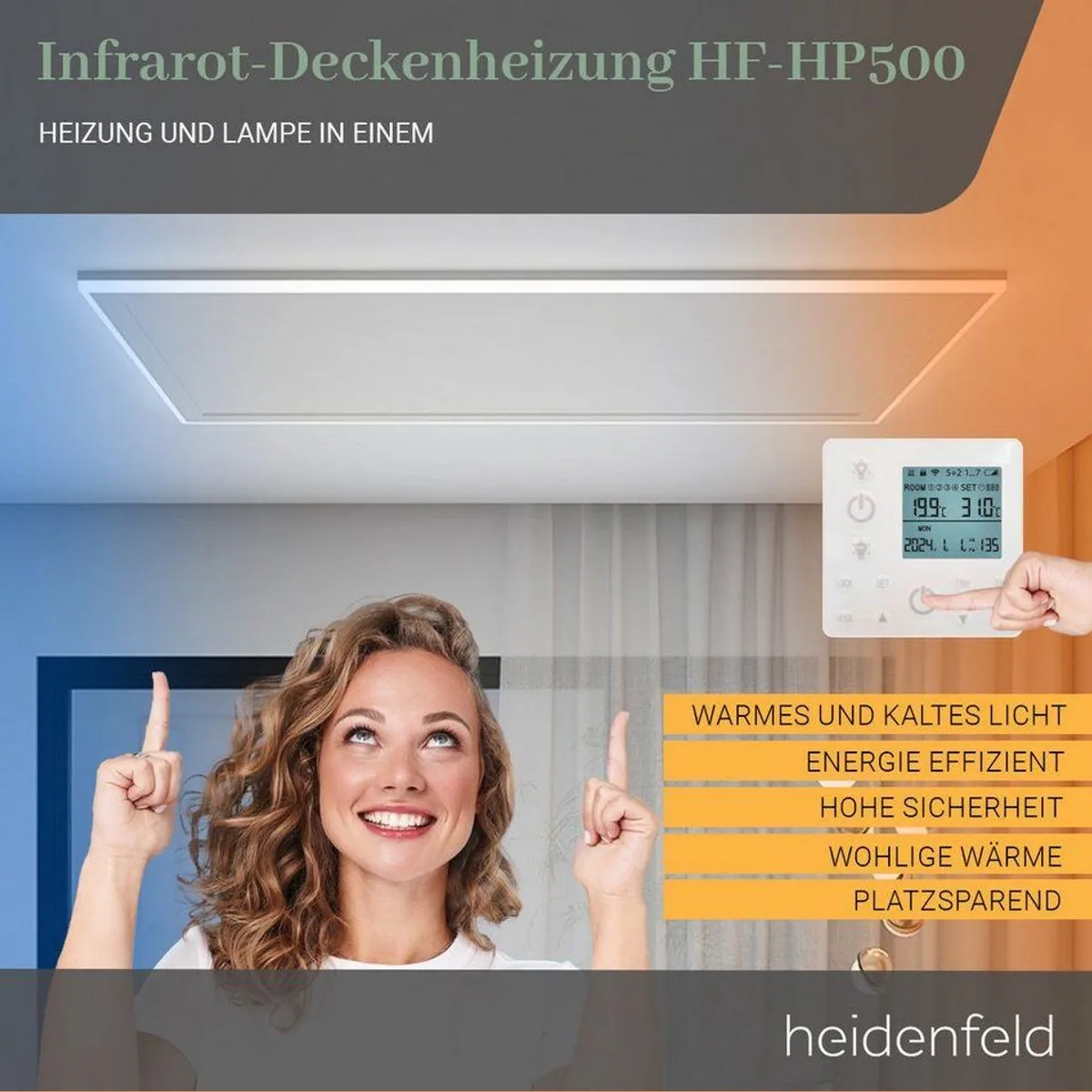 Heidenfeld HF-HP500 Infrarot-Deckenheizung, 390-800 W, LED-Beleuchtung, 10 Jahre Garantie 2