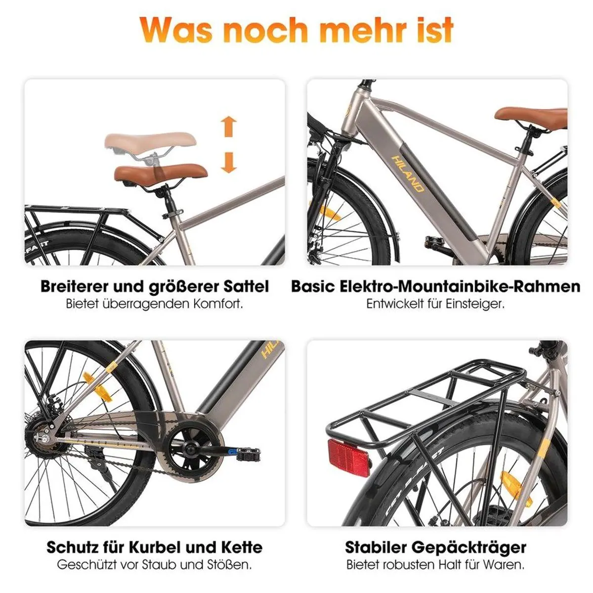 HILAND E-Bike 26 Zoll Stadtpedelec, Federgabel, Doppelscheibenbremsen, Heckmotor 4