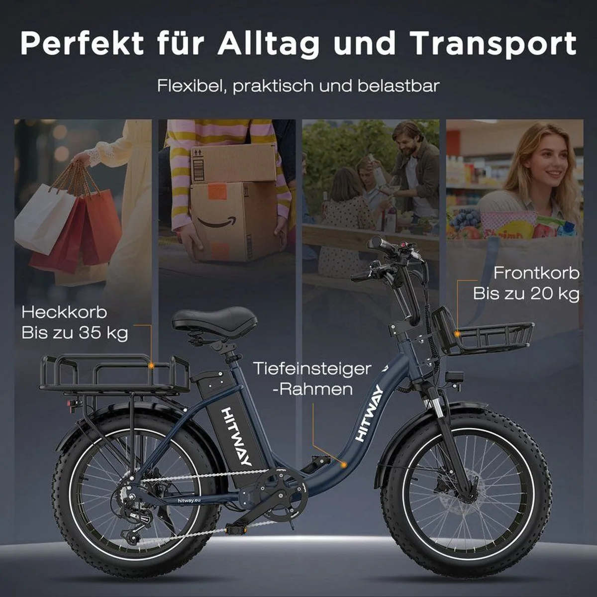 HITWAY BK6S PLUS E-Lastenrad, 160 km Reichweite, 250 W Motor, 2 Körbe 2