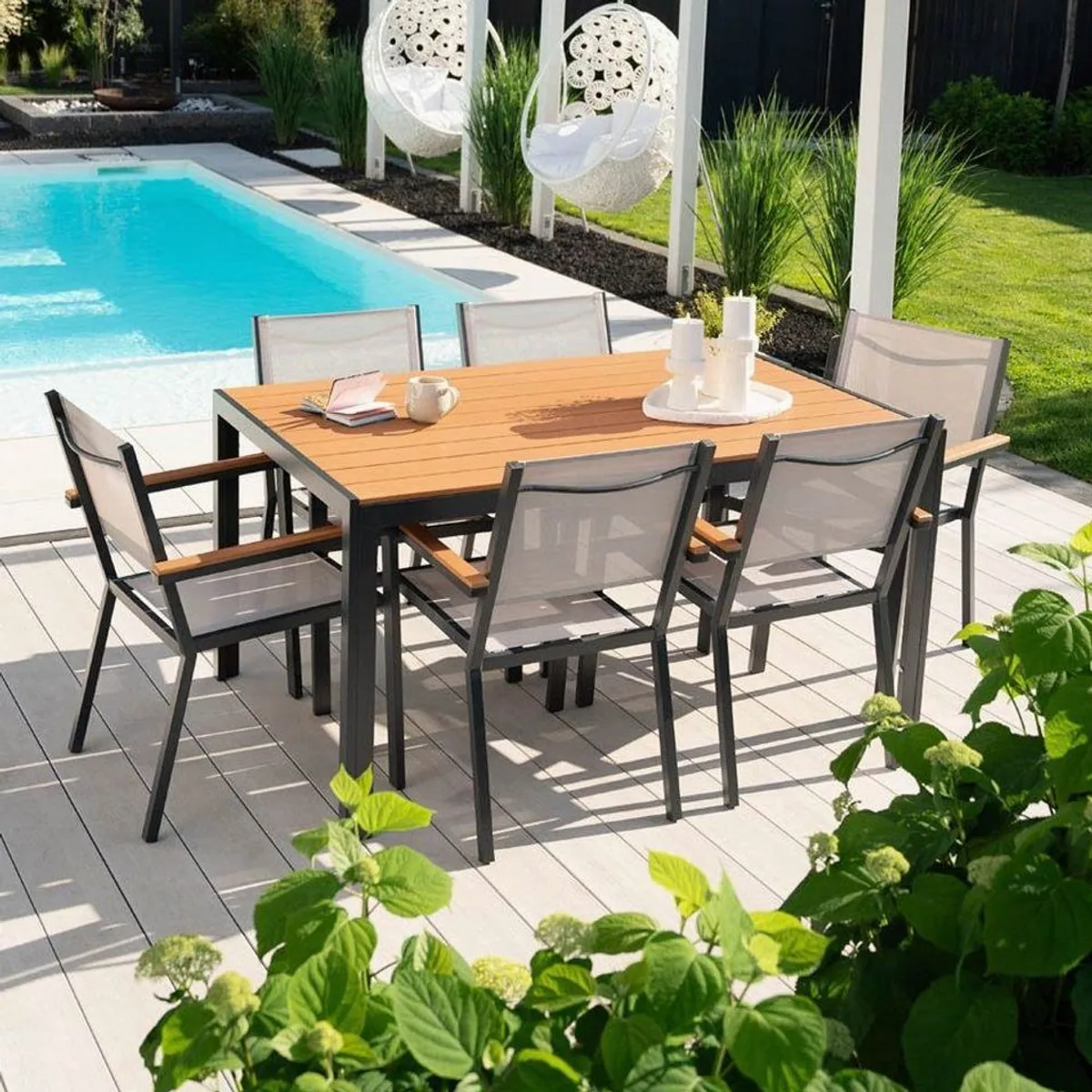 HOME DELUXE Gartentisch CANTOS SEDIA, pulverbeschichtet, witterungsbeständig, Holzoptik — 150 x 90 cm 5