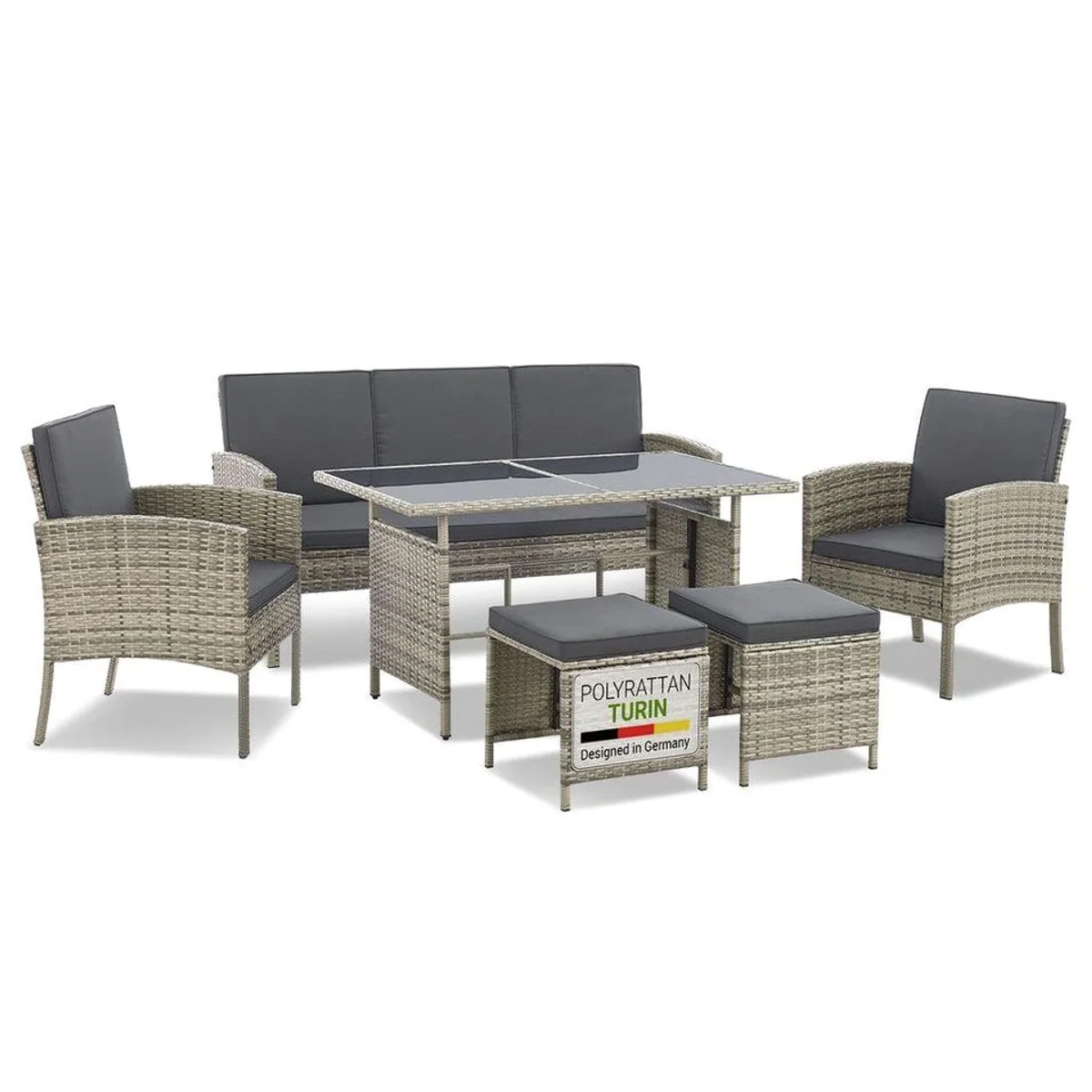 Juskys Gartenlounge-Set Turin, 6-tlg., für 7 Personen, wetterfest und pflegeleicht