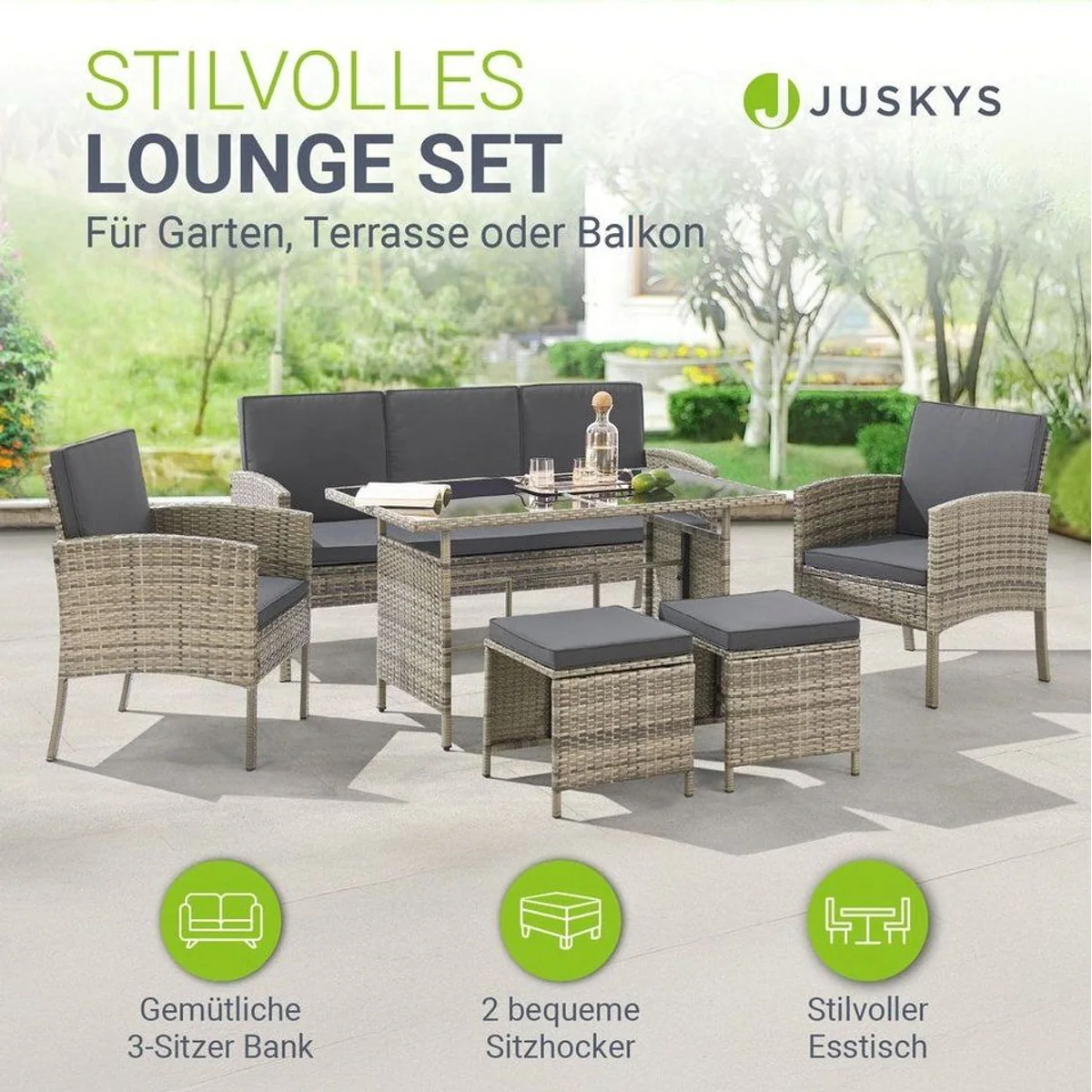 Juskys Gartenlounge-Set Turin, 6-tlg., für 7 Personen, wetterfest und pflegeleicht 2