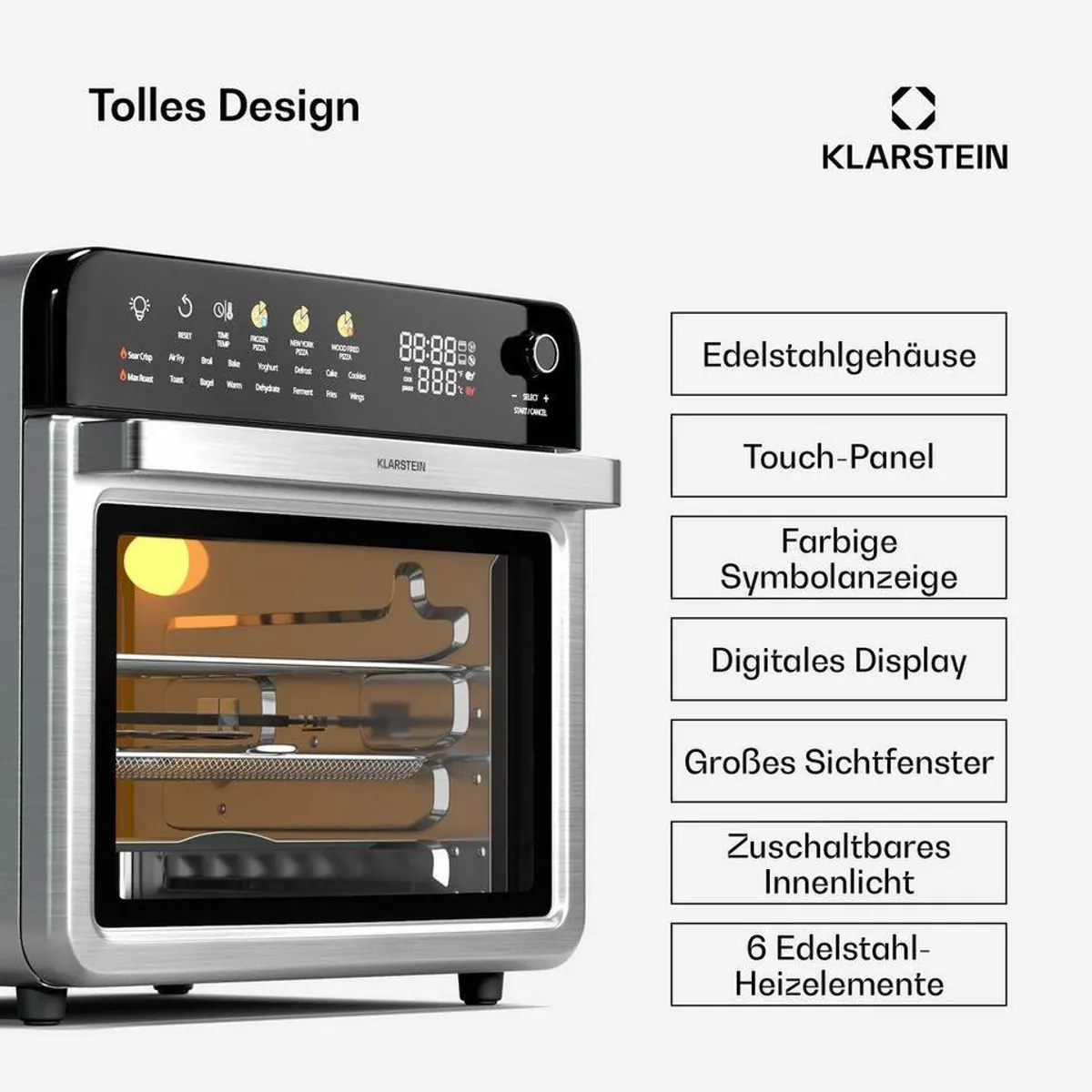 Klarstein Heißluftfritteuse, 2000 W, 34L, 16 Programme, rotisserie-fähig 5