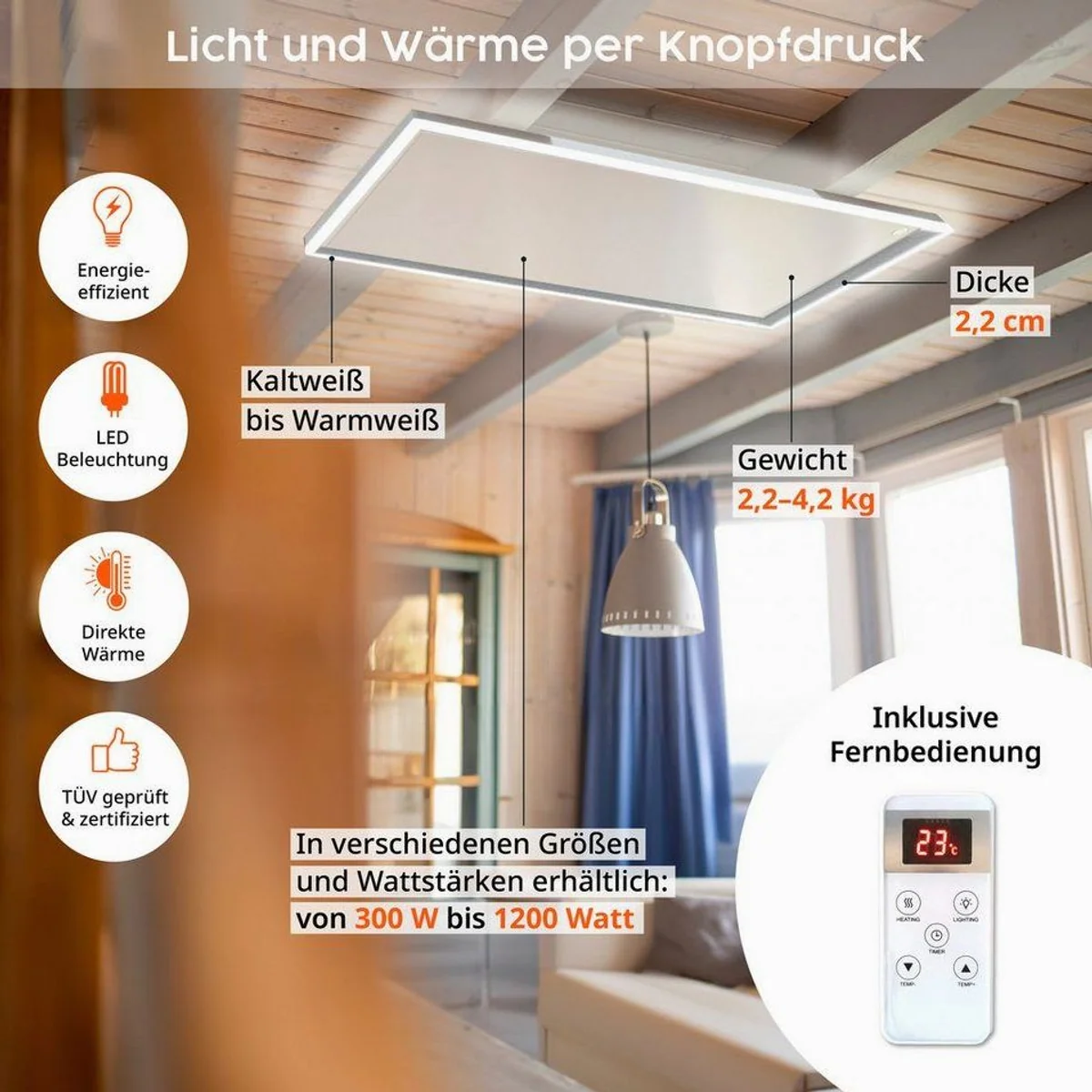 Könighaus Infrarotheizung LED Deckenheizung, Steuerung per Fernbedienung, IP44-zertifiziert 4