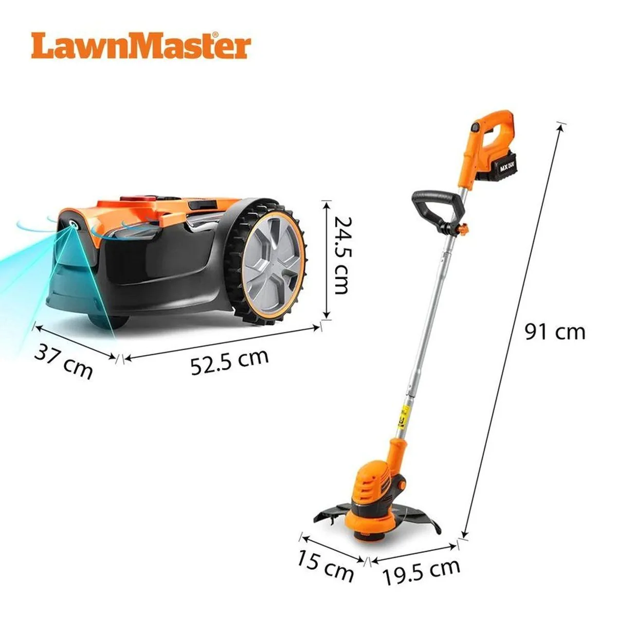 Lawnmaster OcuMow Rasenmähroboter, kabelloser 24V MAX, 300 m² Fläche, 10-Zoll Trimmer-Kombi 2