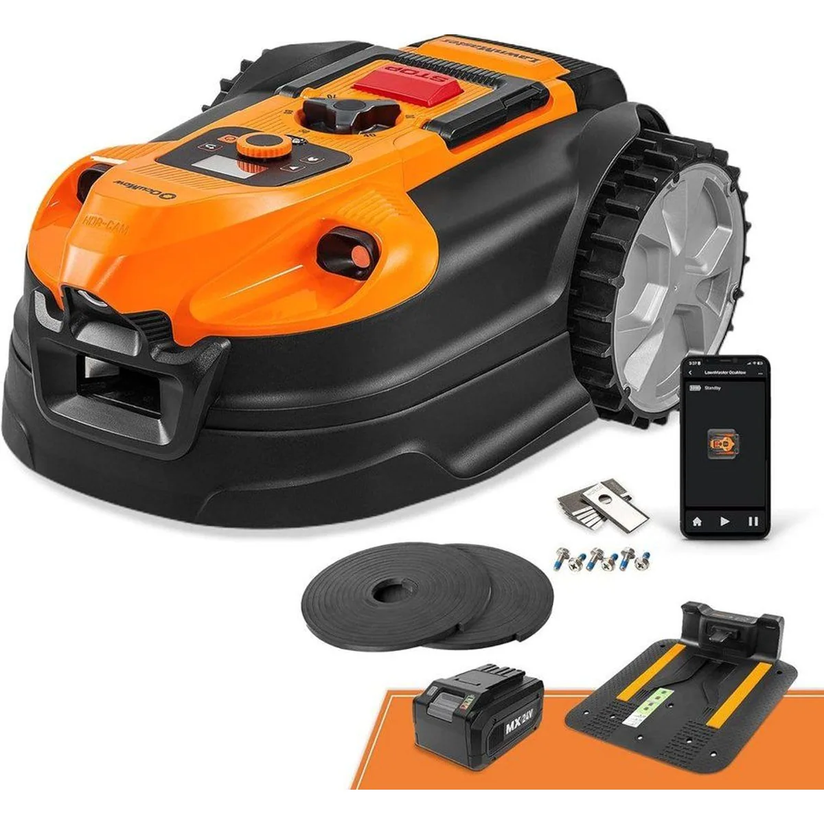 Lawnmaster OcuMow 18, Rasenmähroboter ohne Begrenzungskabel, WiFi & Bluetooth, Hindernisvermeidung