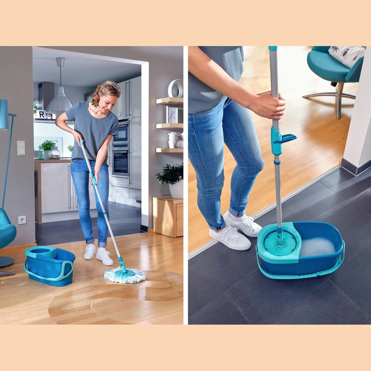 Leifheit CLEAN TWIST Disc Mop Ergo, 360° Gelenk, Teleskopstiel, müheloses Ausschleudern 4