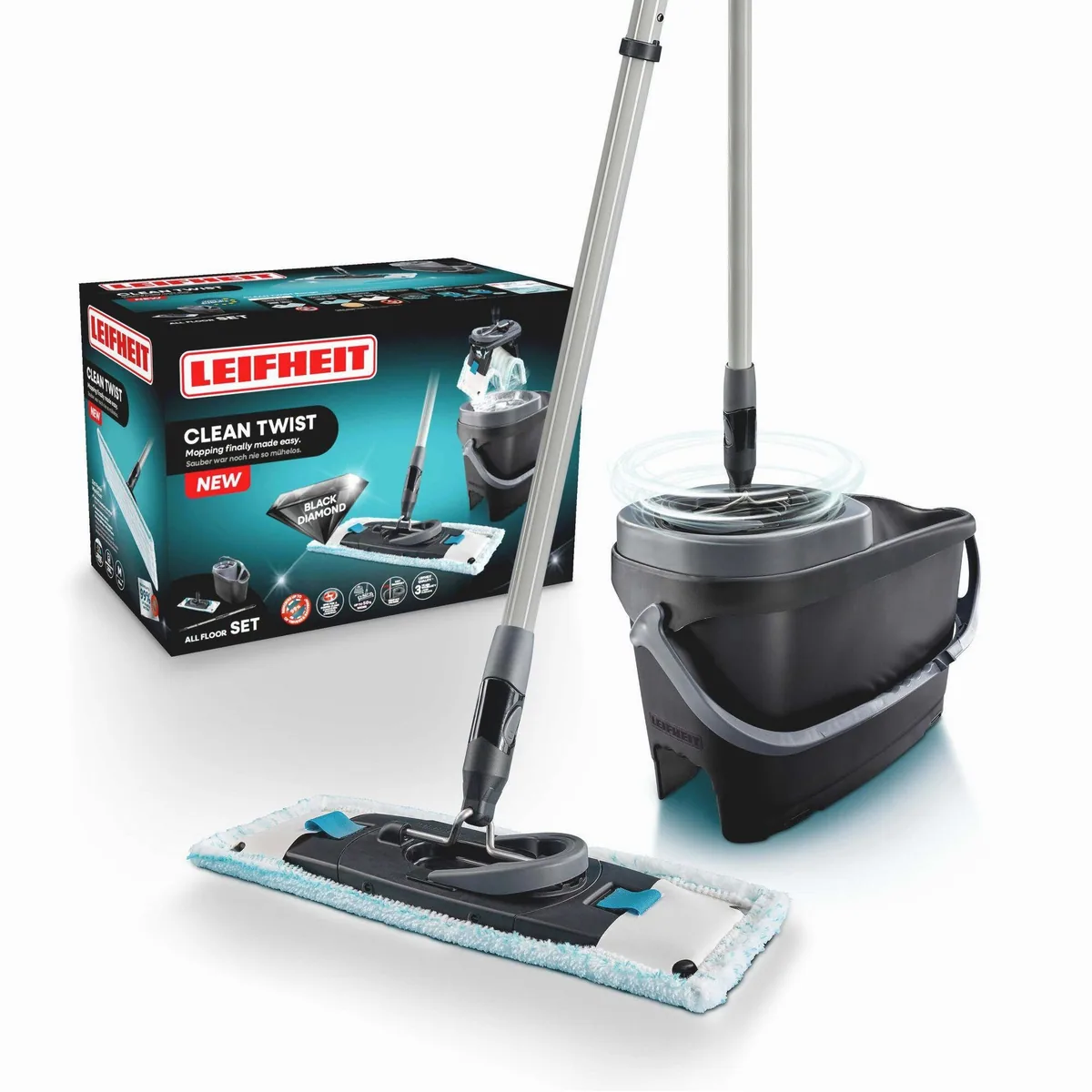 Leifheit CLEAN TWIST M Ergo Black, 4-teilig, waschbarer Bezug, Teleskopstiel, 360°-Kardangelenk