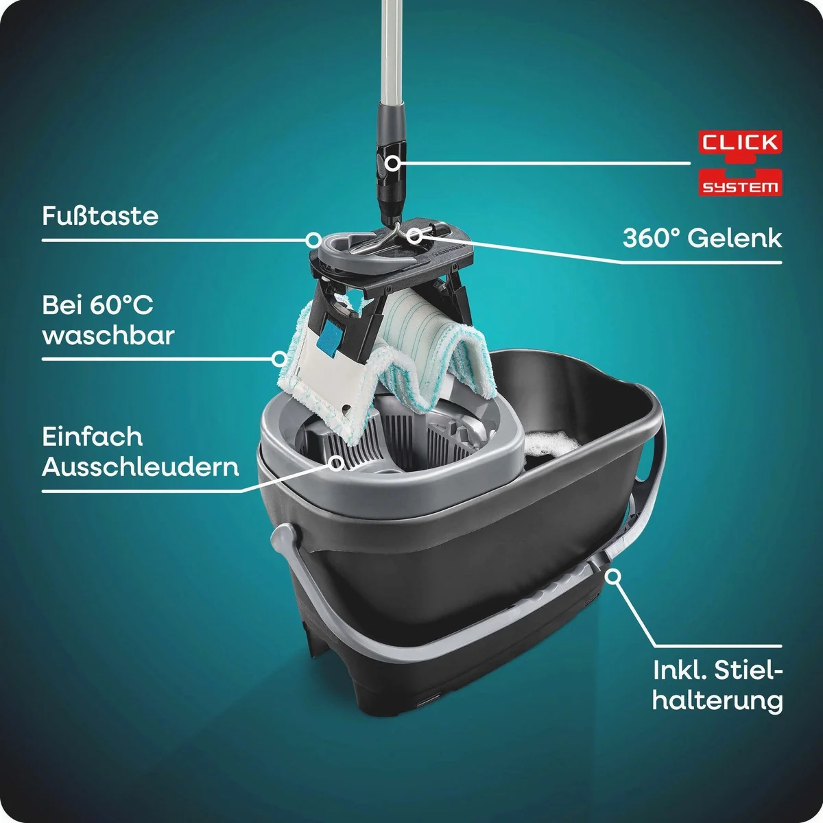 Leifheit CLEAN TWIST M Ergo Black, 4-teilig, waschbarer Bezug, Teleskopstiel, 360°-Kardangelenk 3