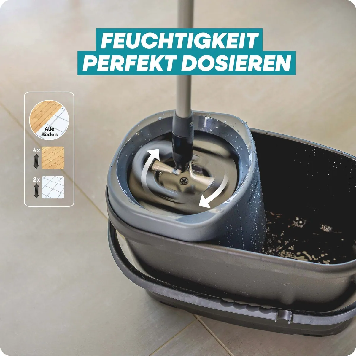 Leifheit CLEAN TWIST M Ergo Black, 4-teilig, waschbarer Bezug, Teleskopstiel, 360°-Kardangelenk 5