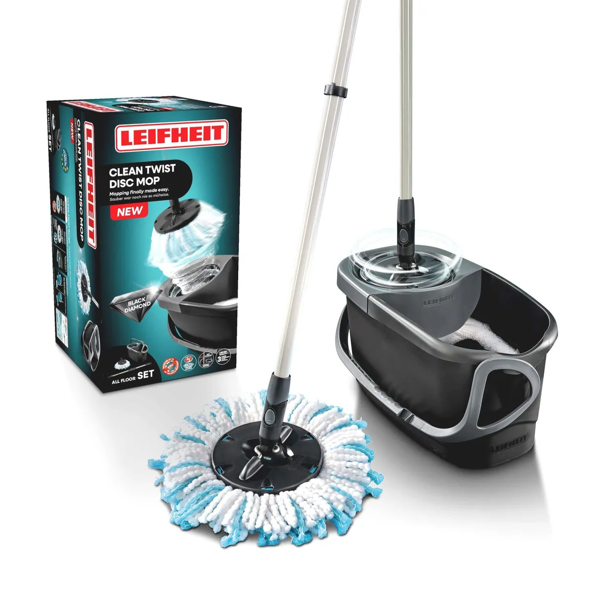Leifheit CLEAN TWIST Disc Mop Ergo Black, effiziente Bodenreinigung, ergonomischer Teleskopstiel, 360°-Kardangelenk