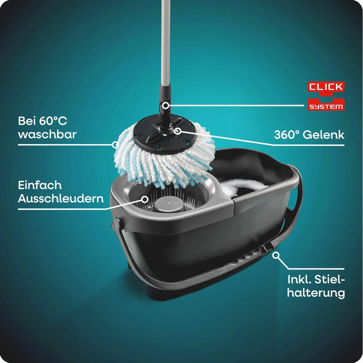 Leifheit CLEAN TWIST Disc Mop Ergo Black, effiziente Bodenreinigung, ergonomischer Teleskopstiel, 360°-Kardangelenk 3