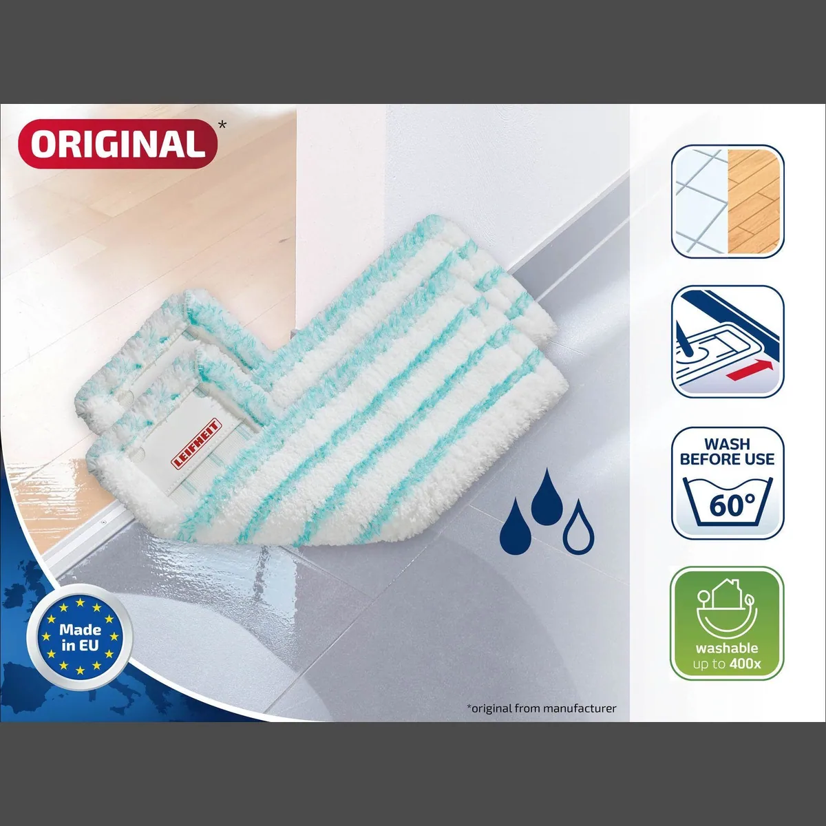 Leifheit Wischbezug Profi XL micro duo, 2er Set, Mikrofasern, waschbar, für alle glatten Böden 3
