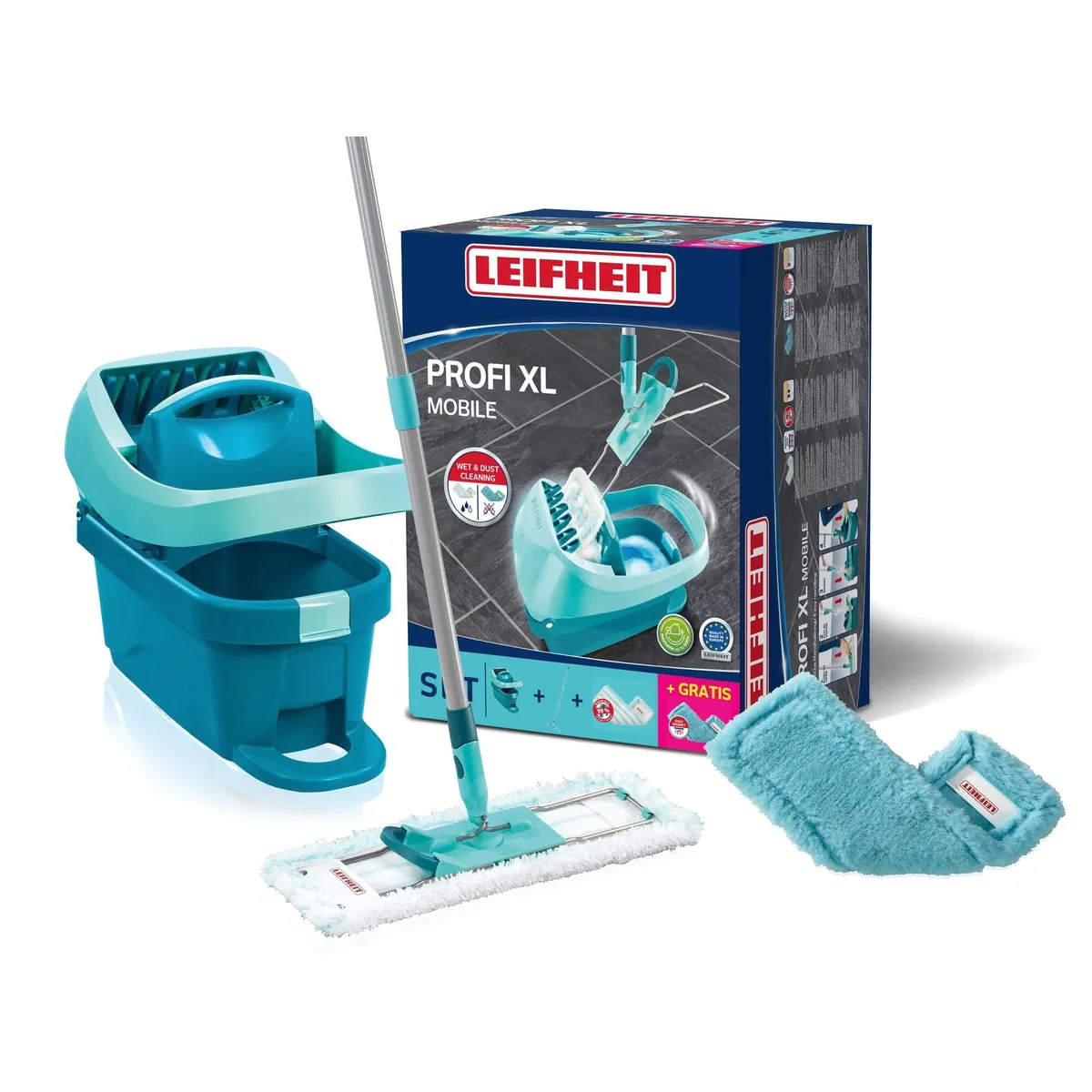 Leifheit Profi XL Mobile Bodenwischer-Set, hohe Reinigungsleistung, einfache Handhabung, waschbare Bezüge