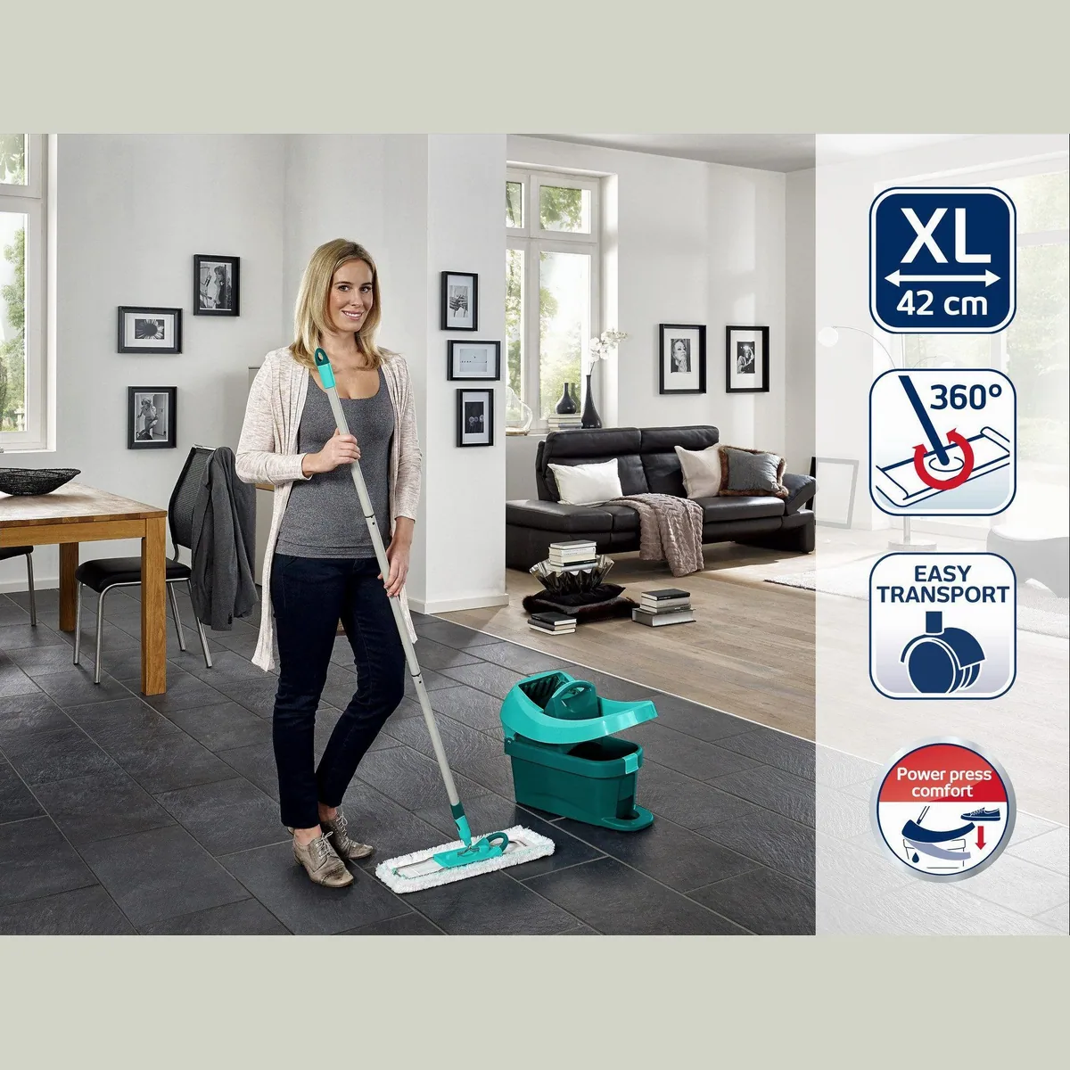 Leifheit Profi XL Mobile Bodenwischer-Set, hohe Reinigungsleistung, einfache Handhabung, waschbare Bezüge 3