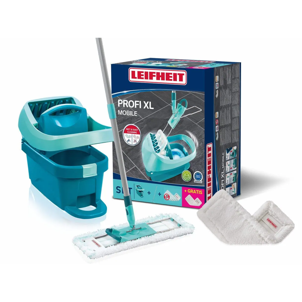 Leifheit Profi XL Bodenwischer-Set, 360° Gelenk, mobile Wischtuchpresse — für alle Hartböden