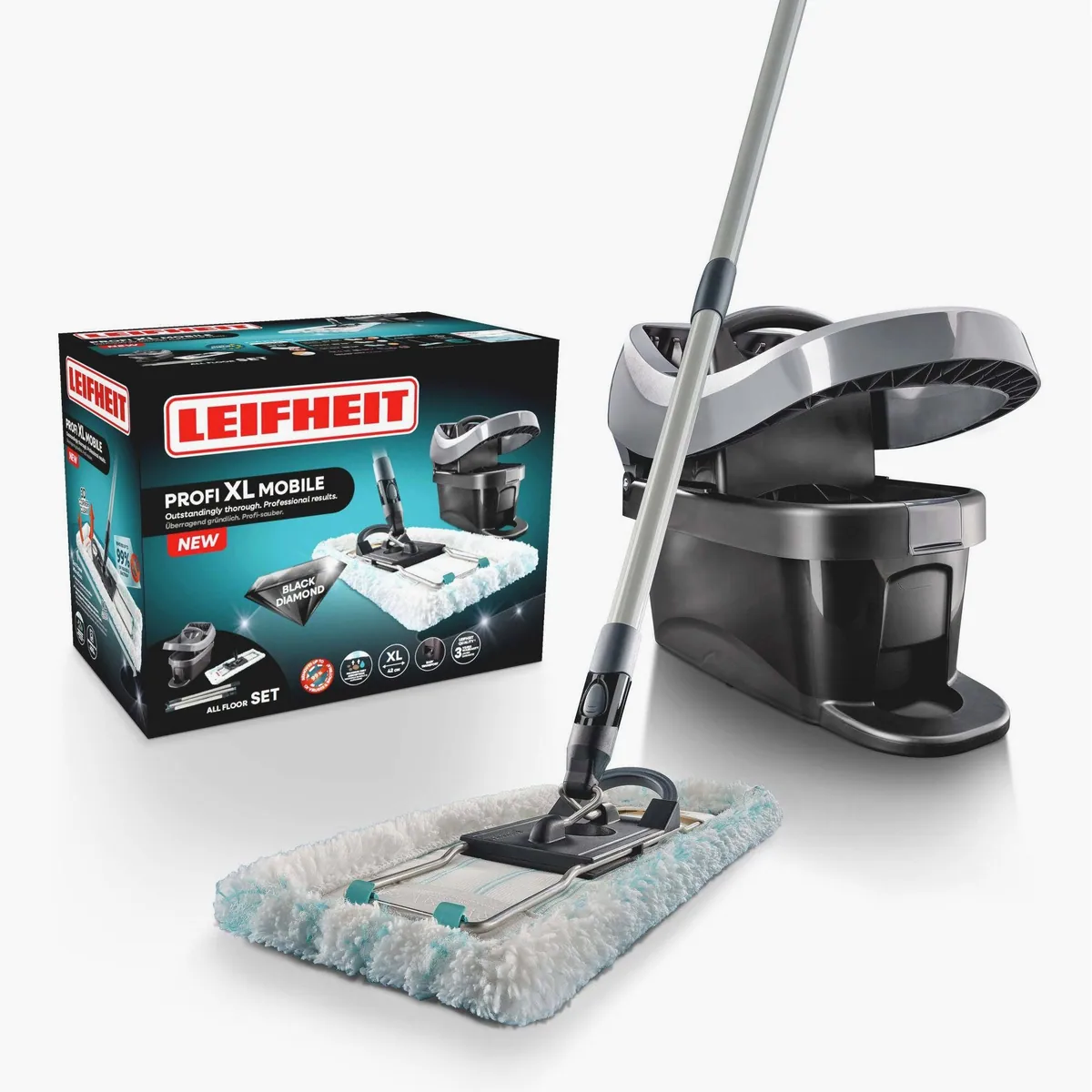 Leifheit Bodenwischer-Set Profi XL Black, 360° Drehgelenk, waschbarer Bezug, 42 cm Wischbreite