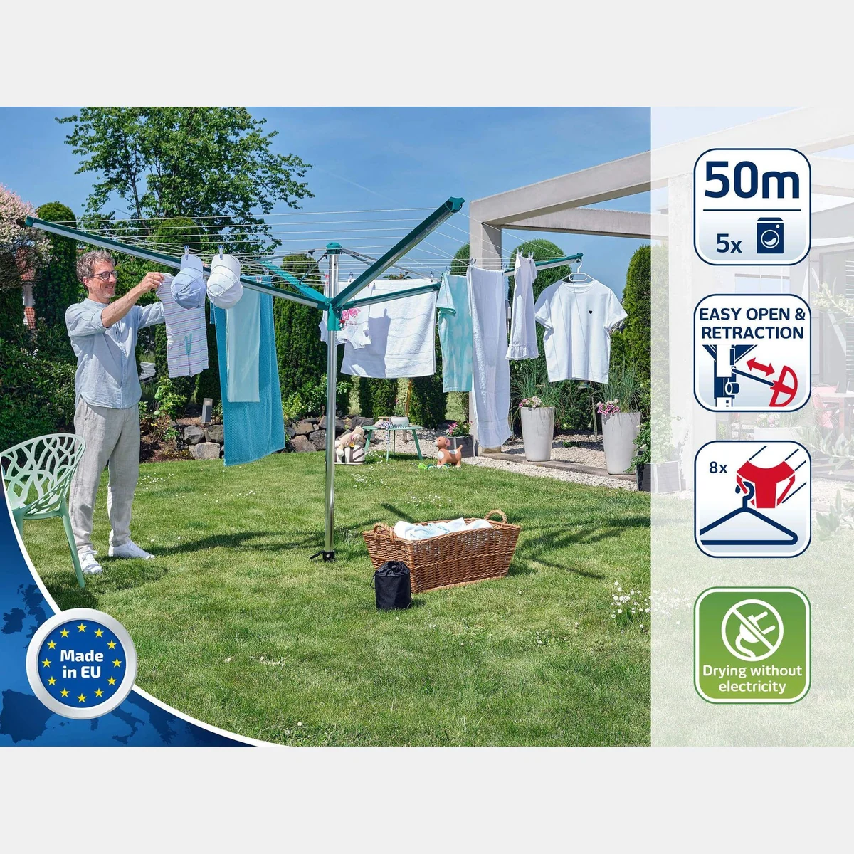 Leifheit Linomatic 500 Deluxe Wäschespinne, 50m Leinenlänge, Easy-Lift-System, witterungsbeständig 2