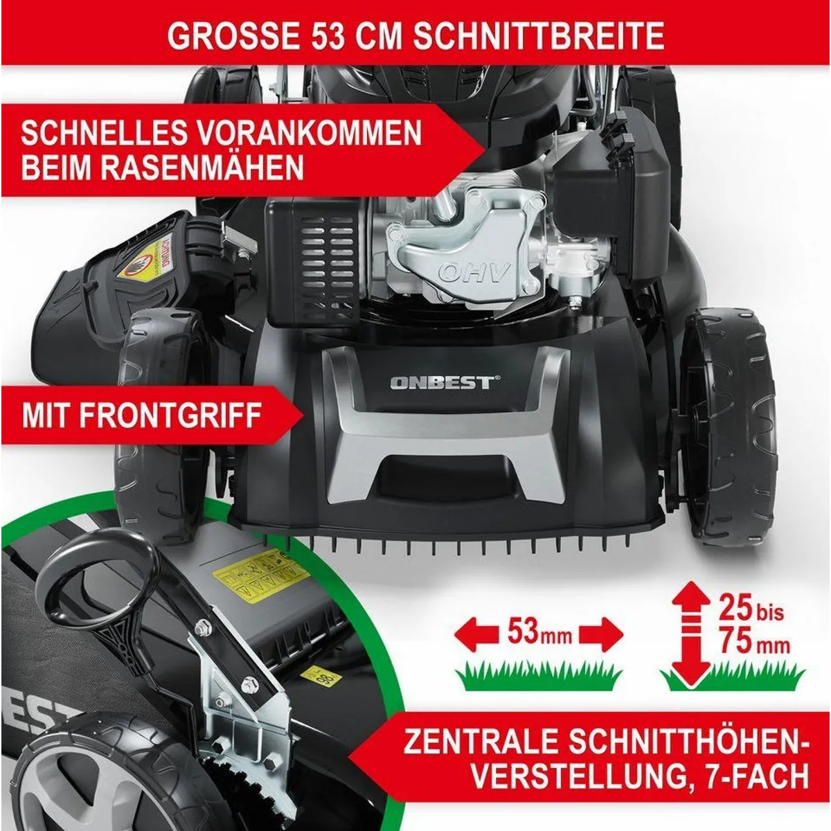 Onbest Tornado X-Cut Benzinrasenmäher, 5in1-Funktion, 6,5 PS — vielseitig und leistungsstark 3