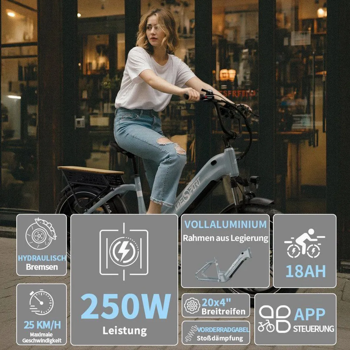 Onesport E-Bike Cityrad, 250W Motor, 130 km Reichweite, hydraulische Bremsen 5