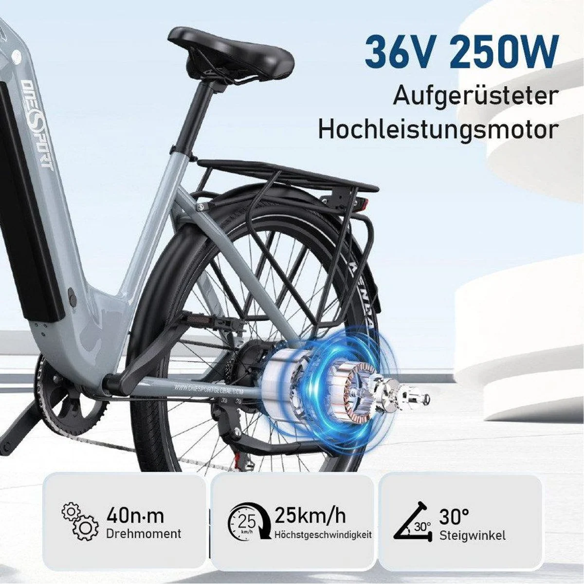 Onesport E-Bike Cityrad, 120 km Reichweite, 7-Gang Shimano, 250 W Heckmotor 3