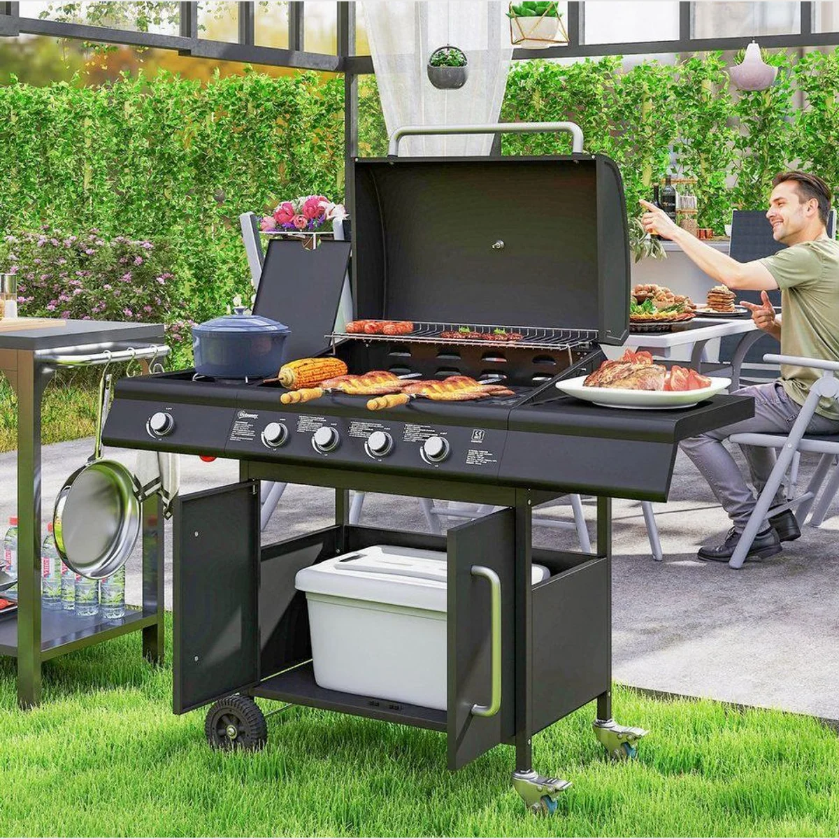Outsunny Gasgrill 5 Brenner, große Grillfläche, integriertes Thermometer