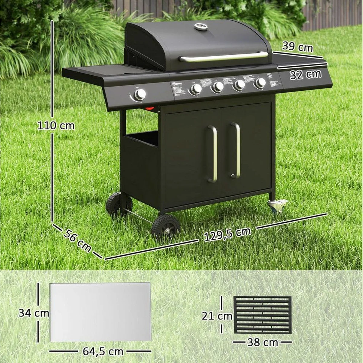 Outsunny Gasgrill 5 Brenner, große Grillfläche, integriertes Thermometer 3