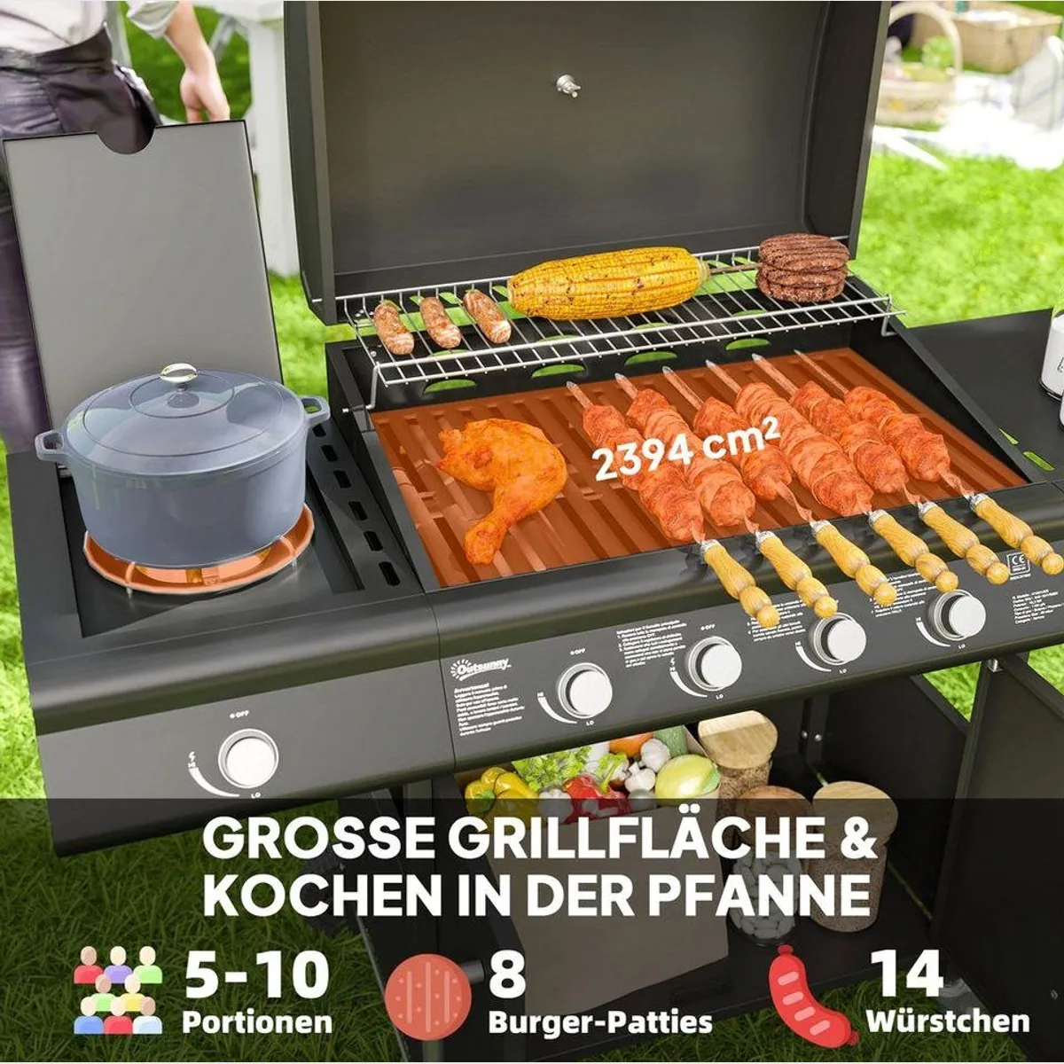 Outsunny Gasgrill 5 Brenner, große Grillfläche, integriertes Thermometer 4