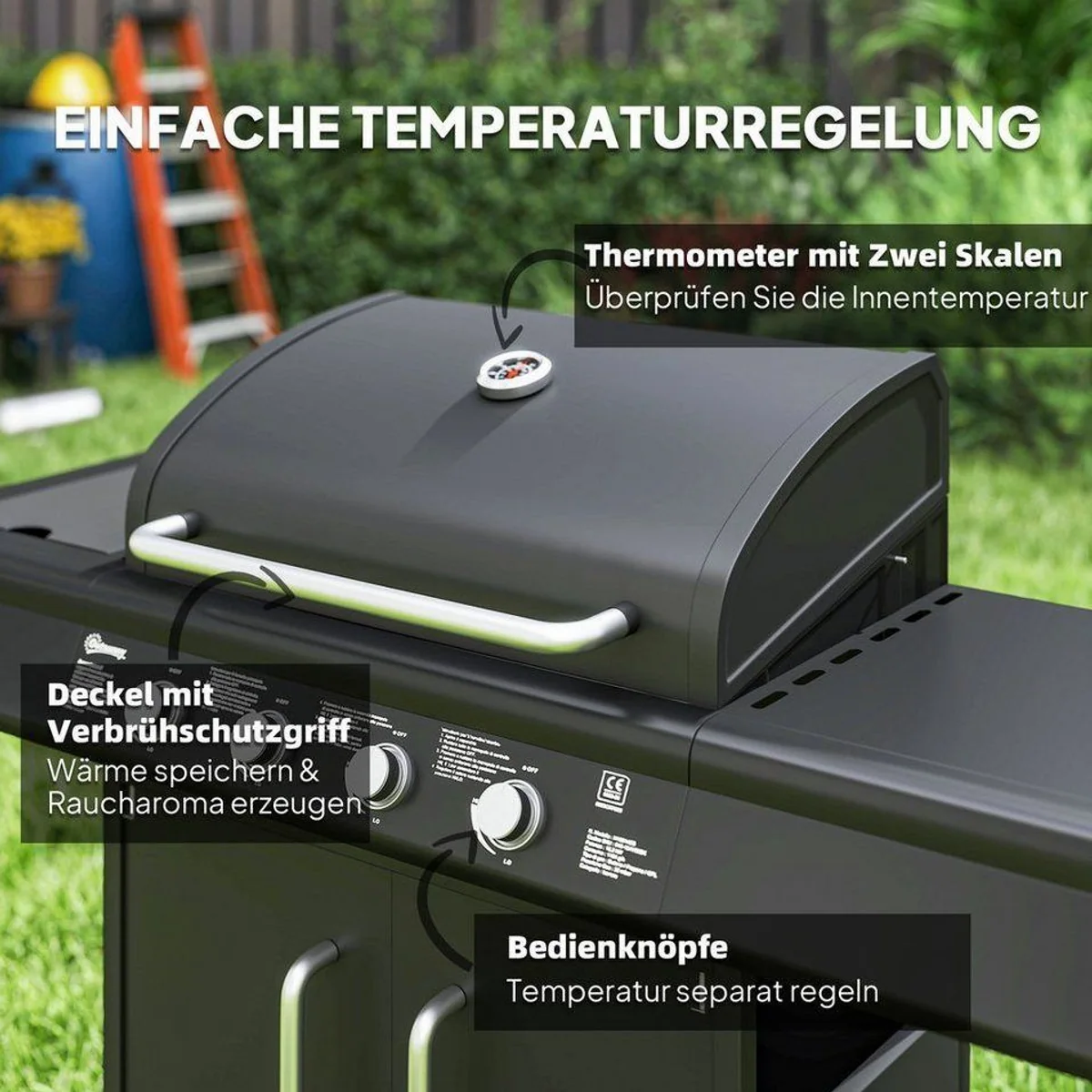 Outsunny Gasgrill 5 Brenner, große Grillfläche, integriertes Thermometer 5