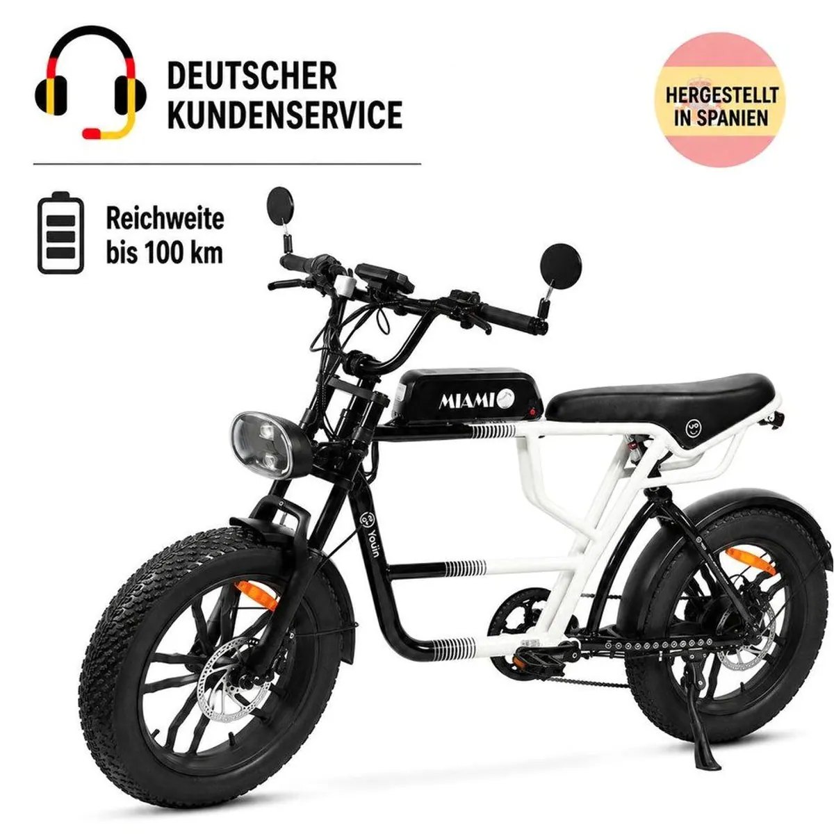 PixelPilot E-Bike Youin Miami 20 Zoll Fatbike, bis 100 km Reichweite, Shimano 7-Gang, Vollfederung