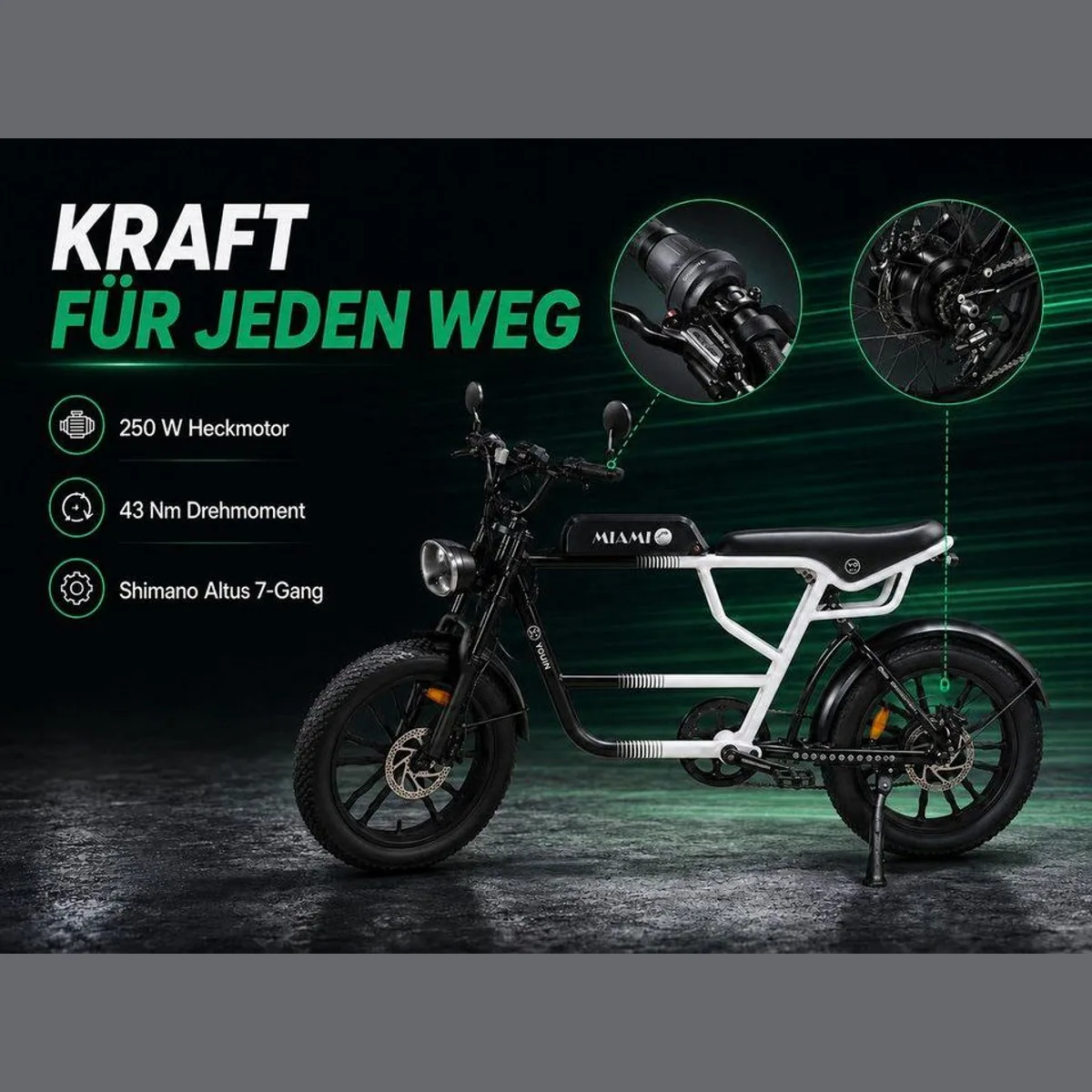 PixelPilot E-Bike Youin Miami 20 Zoll Fatbike, bis 100 km Reichweite, Shimano 7-Gang, Vollfederung 5