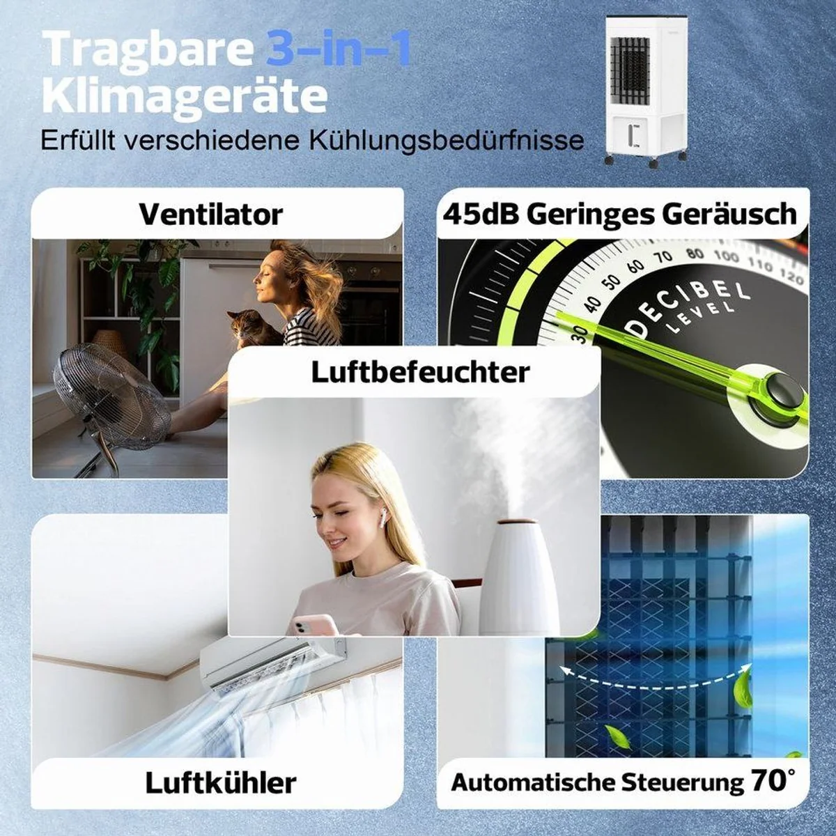 Rebonique Standventilator 3 in 1, Luftkühler, Luftbefeuchter, leise, 8L Wassertank 3
