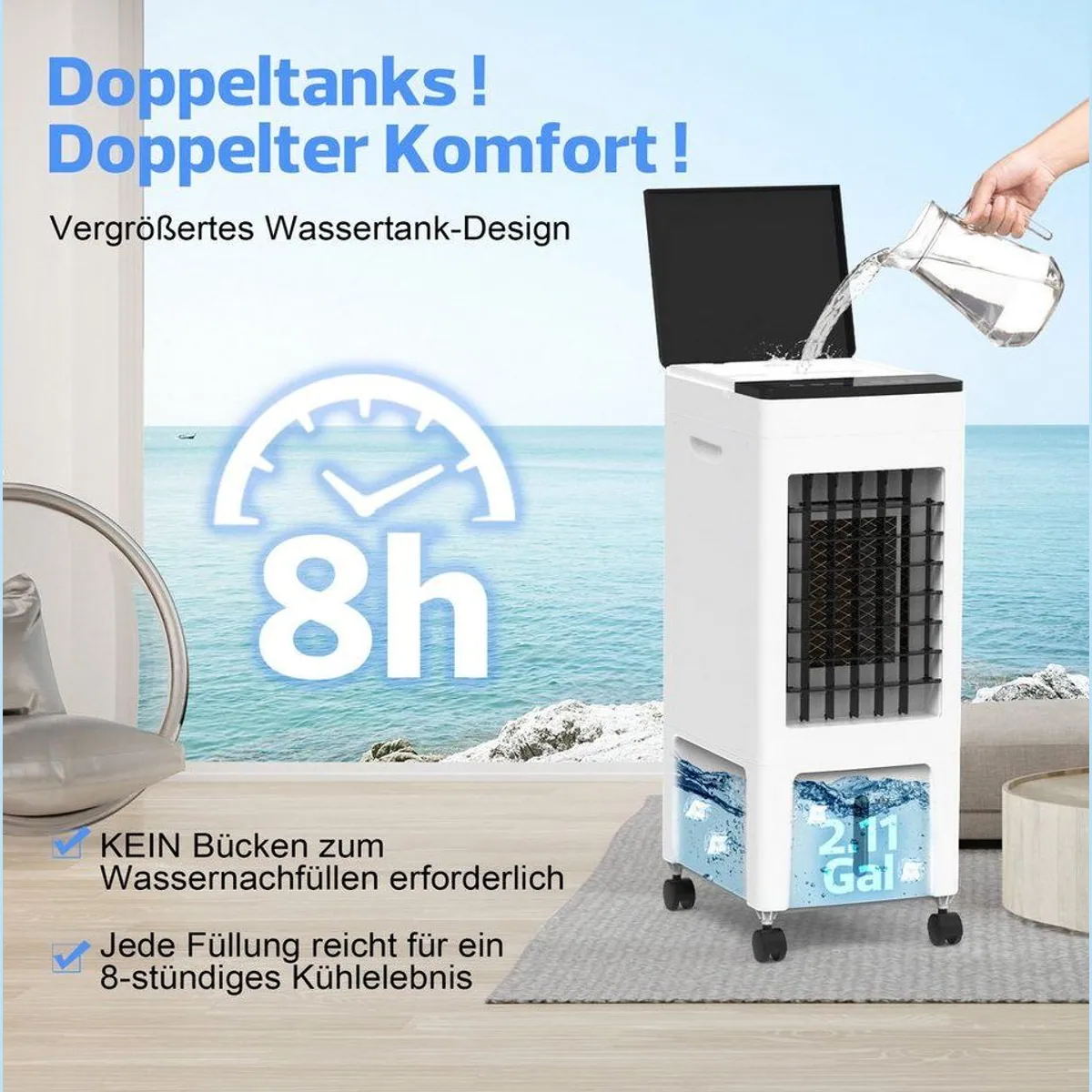 Rebonique Standventilator 3 in 1, Luftkühler, Luftbefeuchter, leise, 8L Wassertank 4