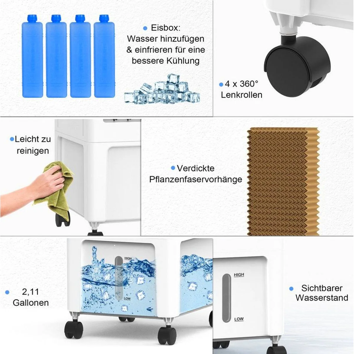Rebonique Standventilator 3 in 1, Luftkühler, Luftbefeuchter, leise, 8L Wassertank 5