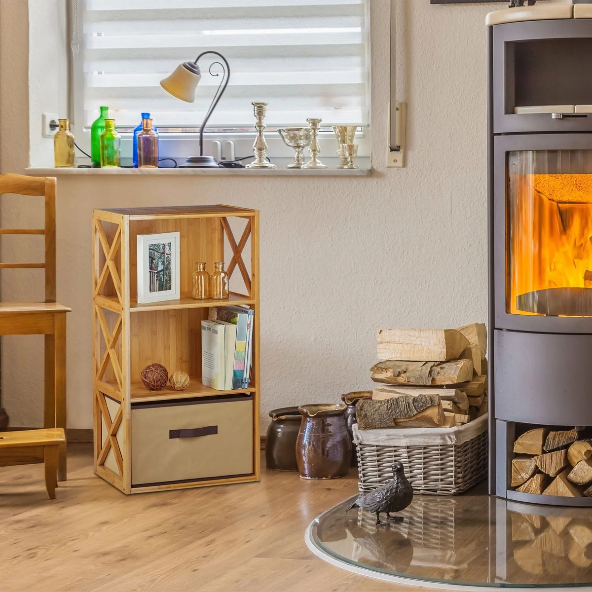 relaxdays Standregal 2x Regal Bambus, kompakte Stauraumlösung mit Korb 2