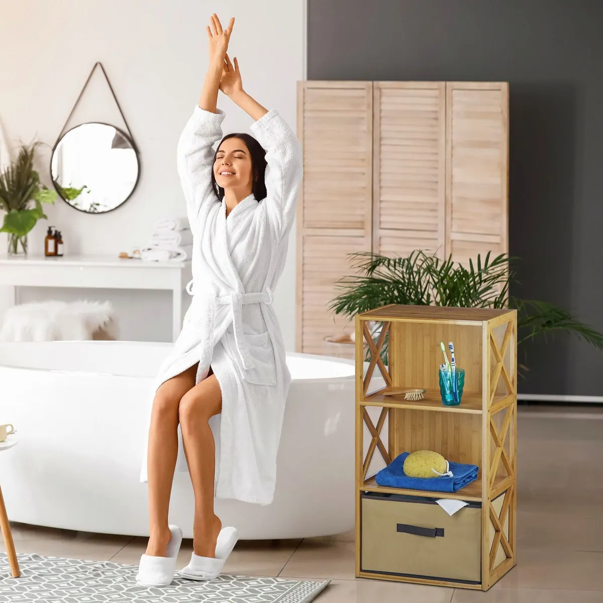 relaxdays Standregal 3x Regal aus Bambus, platzsparend, mit Faltkorb 3
