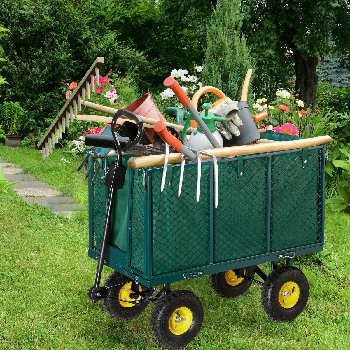 relaxdays Bollerwagen Gartenwagen hoch, hohe Traglast, klappbare Seitenteile, profilierte Luftbereifung 3