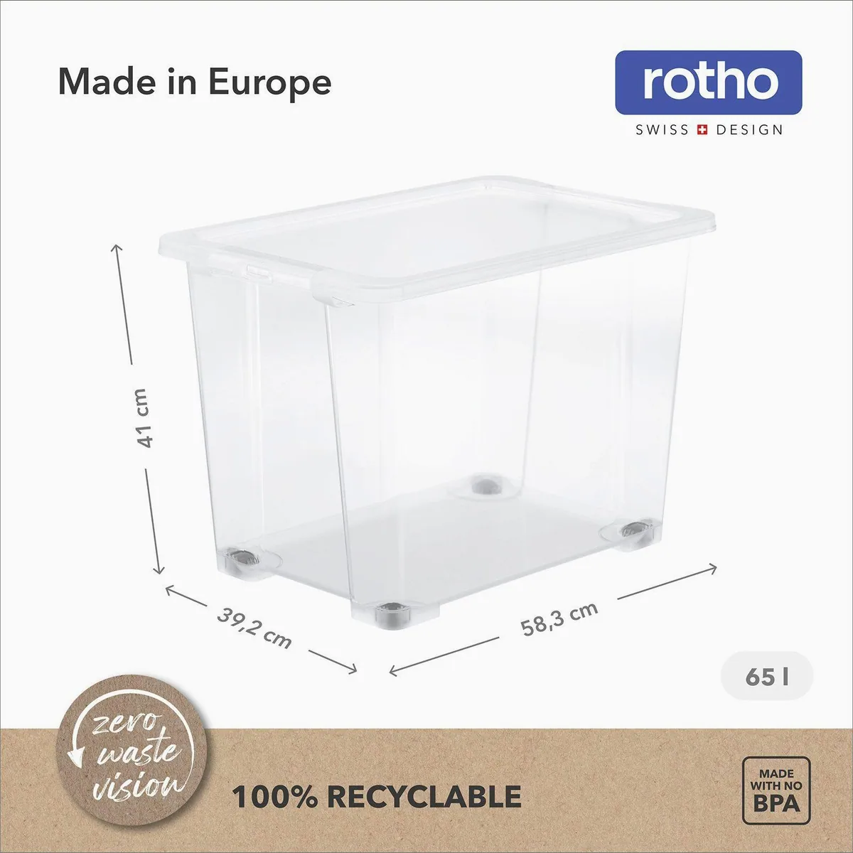 ROTHO CORE BASIC Boxen 4er-Set, 65L Volumen, stapelbar, mit Rollen 3