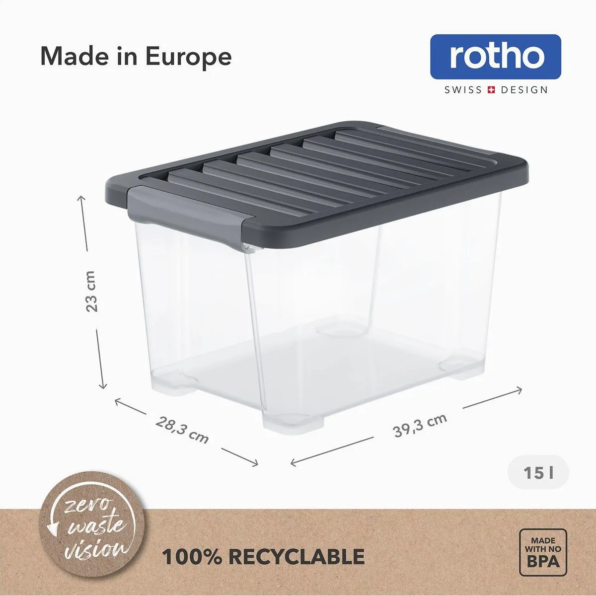 Rotho CORE Plus 15 L Aufbewahrungsbox 4er-Set, stapelbar, lebensmittelecht 4