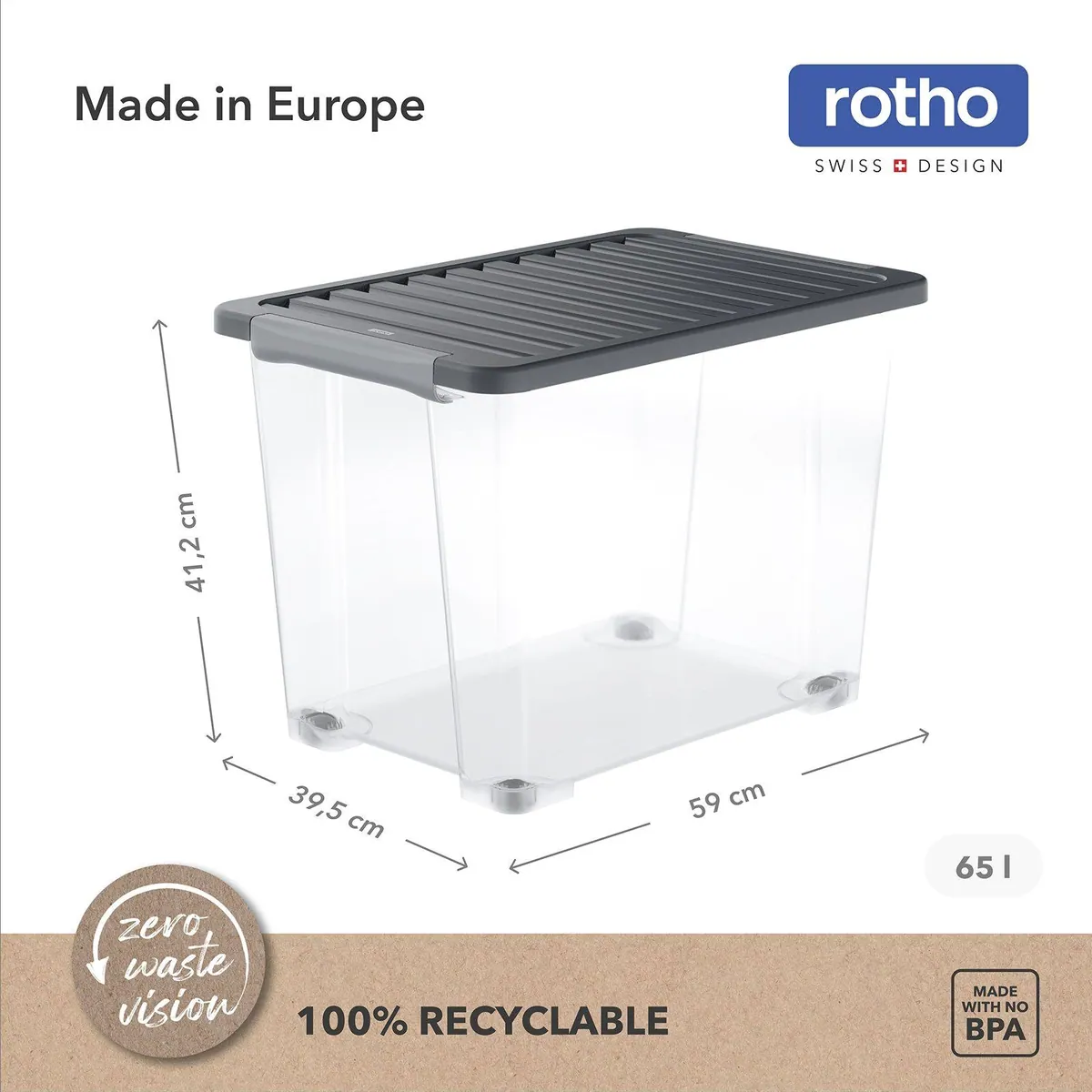 ROTHO CORE PLUS 65 L Aufbewahrungsbox, 4er-Set mit Deckel und Rollen 3