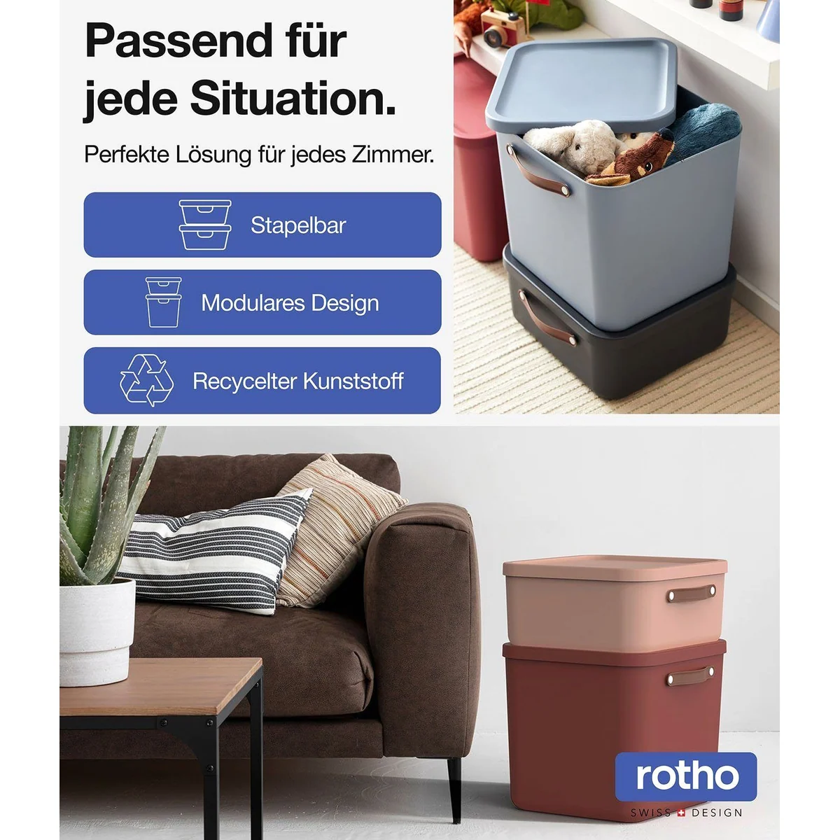 ROTHO Maloja Stapelbox 4er-Set, 20l Volumen, ergonomische Griffe, pflegeleichter Kunststoff 3