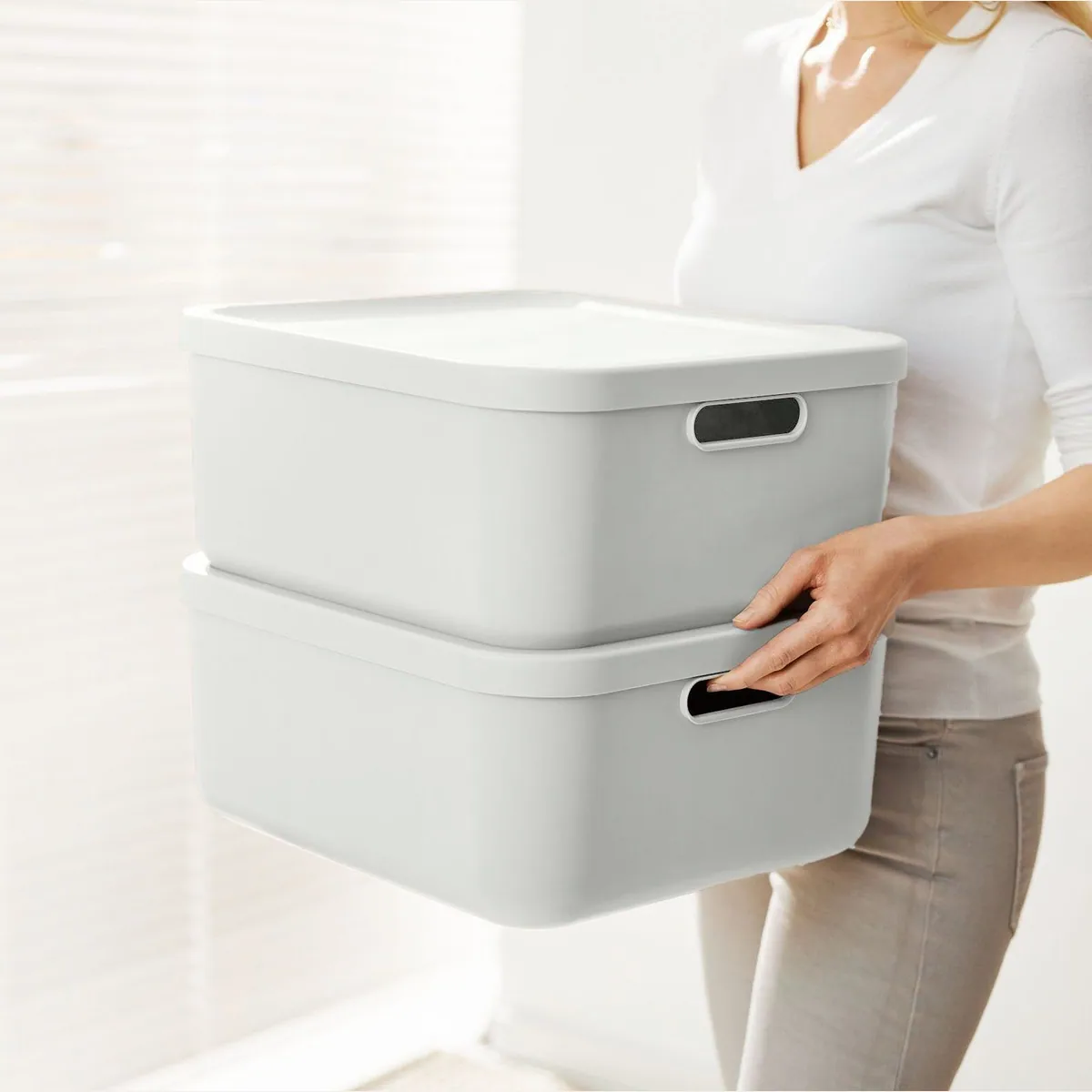 ROTHO Albula Aufbewahrungsbox Set, 1x 55l & 2x 20l, stapelbar, modular, ergonomische Griffe 2