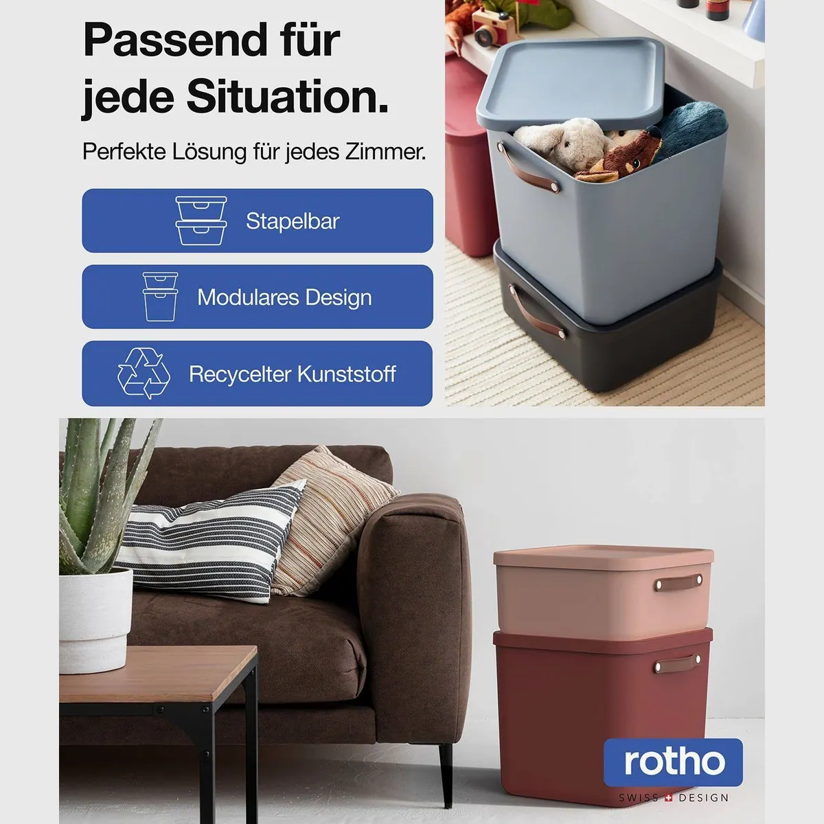 ROTHO MALOJA Stapelbox 3er-Set, 25l Volumen, ergonomische Griffe, pflegeleichter Kunststoff 4