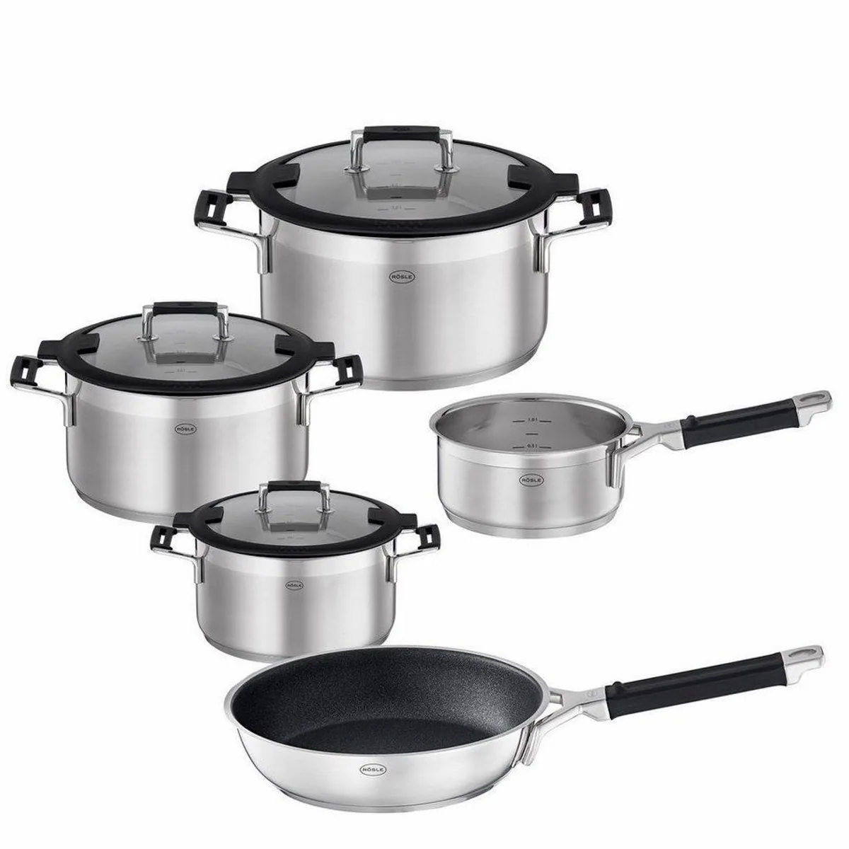 RÖSLE Silence Pro Topfset 5tlg., integrierte Abgießfunktion, Edelstahl
