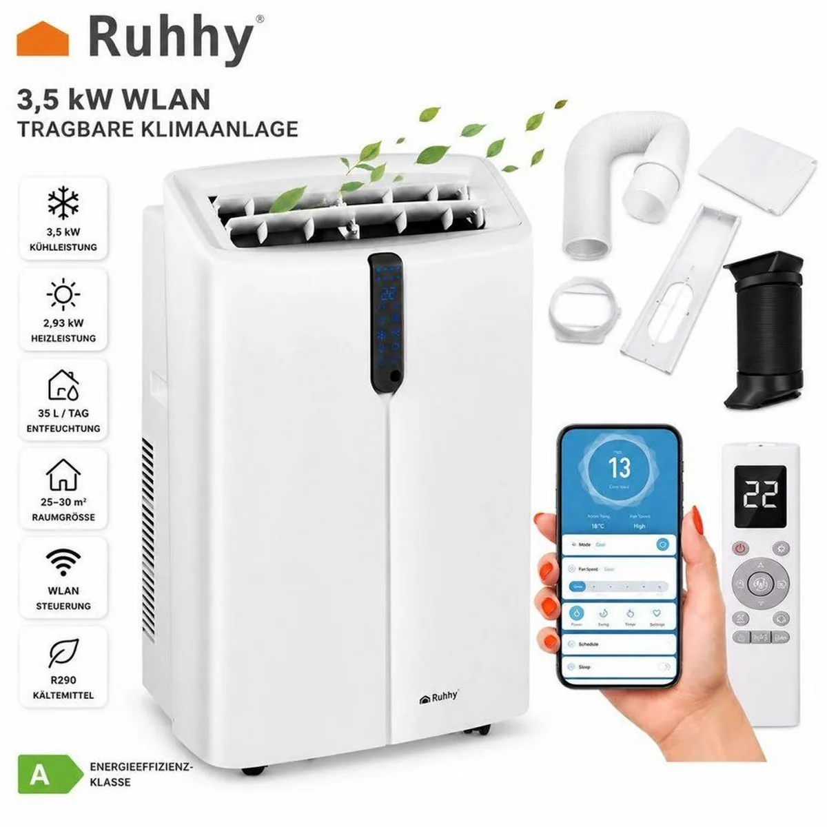 Ruhhy 4-in-1 Klimagerät, WLAN-Steuerung, 12000 BTU, leise 46 dB